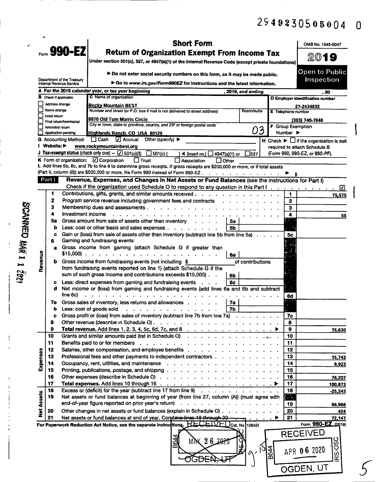 Image of first page of 2019 Form 990EZ for Rocky Mountain BEST