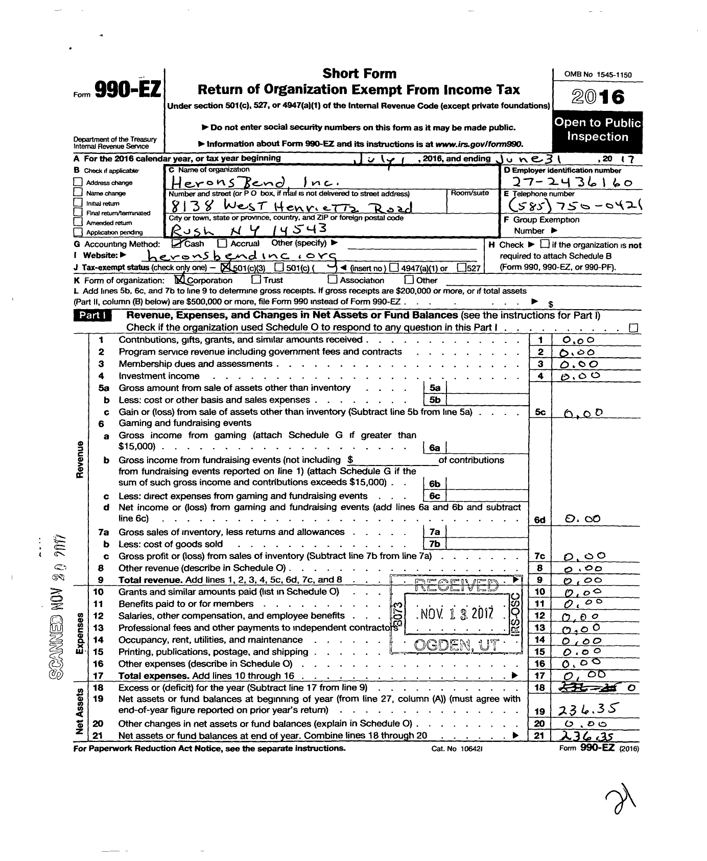 Image of first page of 2016 Form 990EZ for Herons Bend