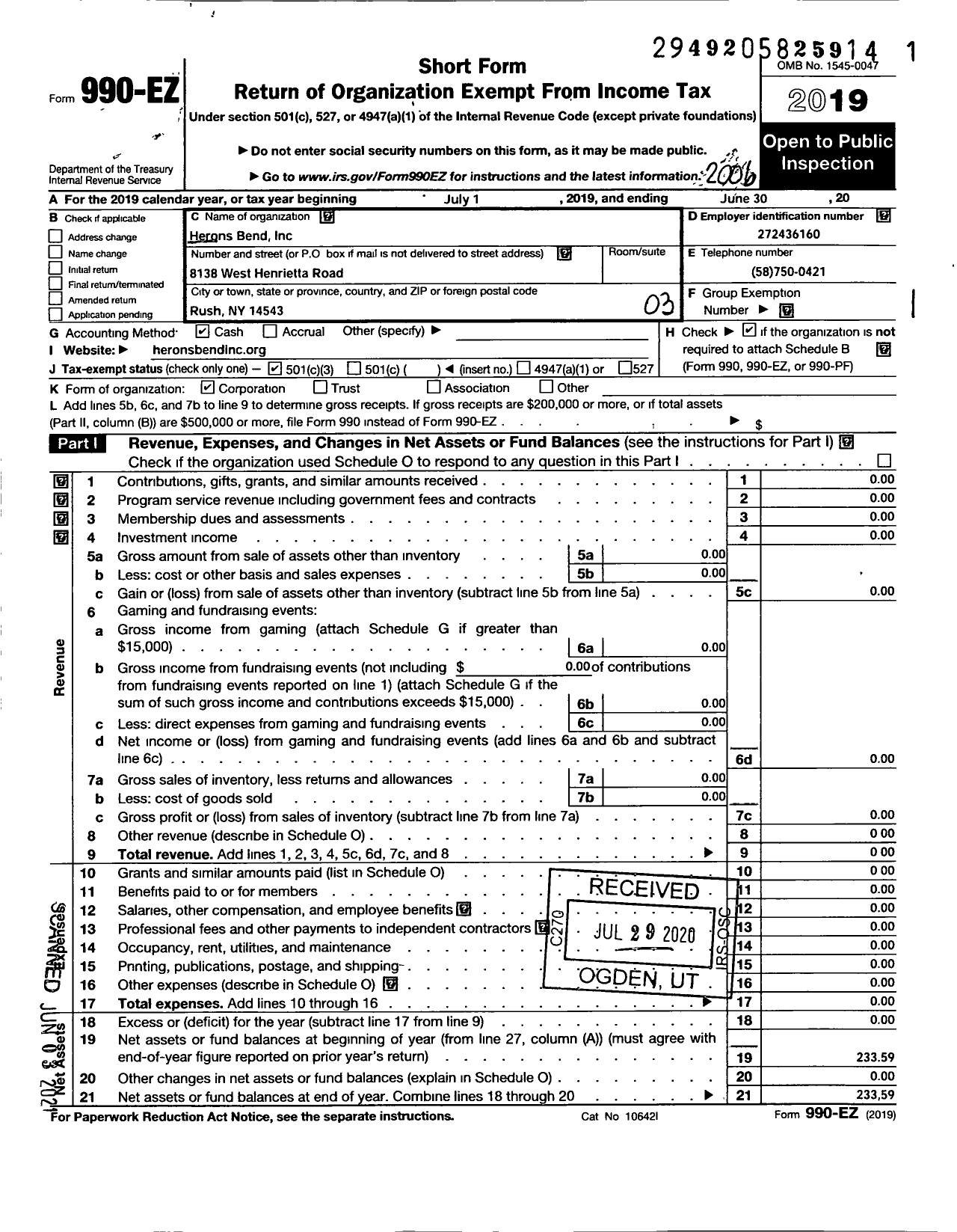 Image of first page of 2019 Form 990EZ for Herons Bend