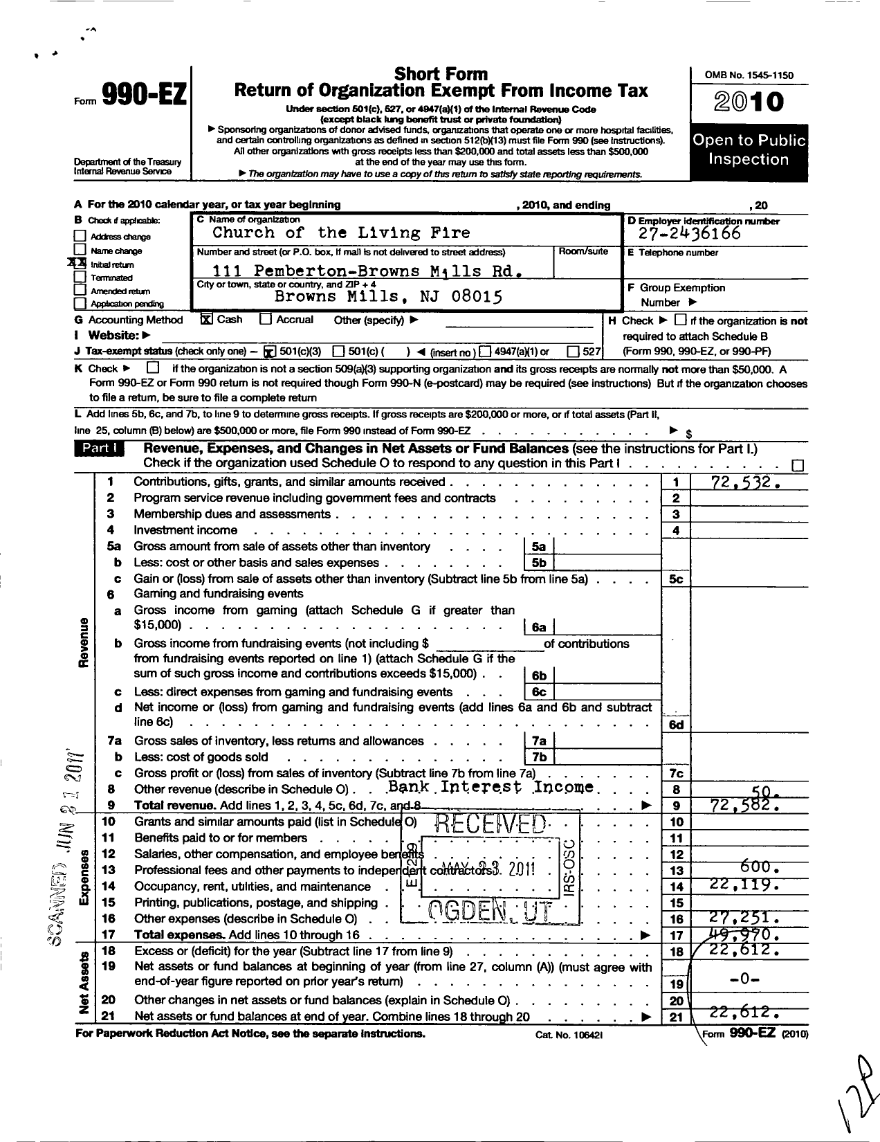 Image of first page of 2010 Form 990EZ for Church of the Living Fire