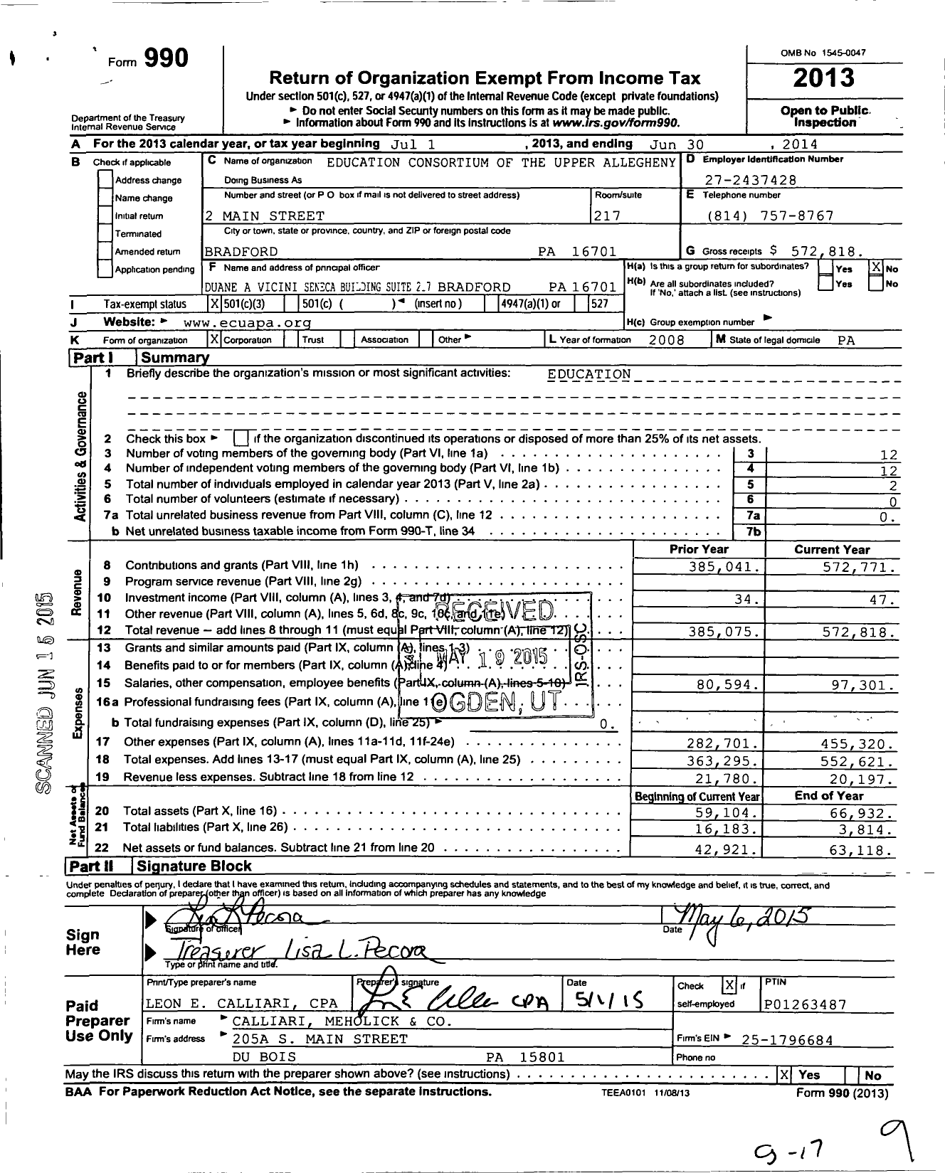 Image of first page of 2013 Form 990 for Education Consortium of the Upper Allegheny