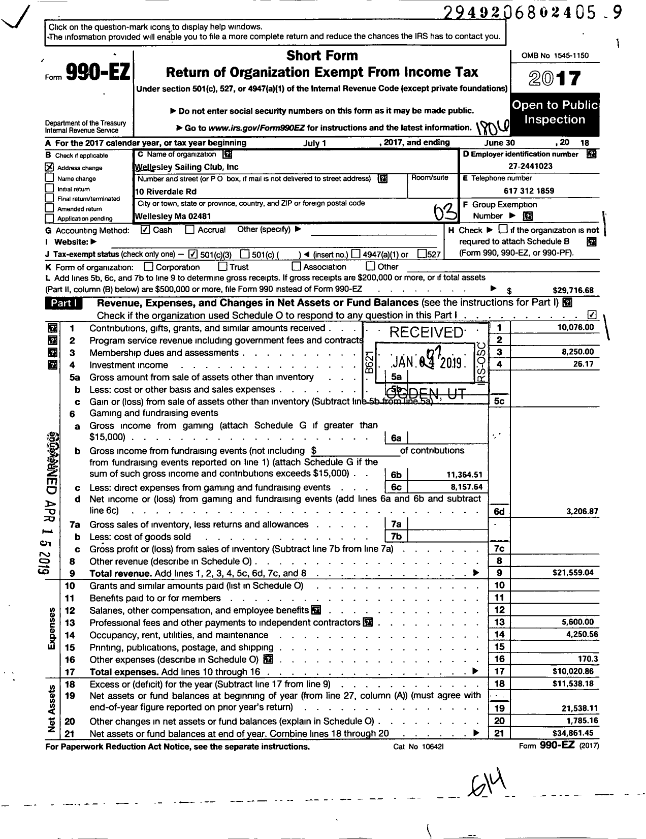 Image of first page of 2017 Form 990EZ for Wellesley Sailing Club