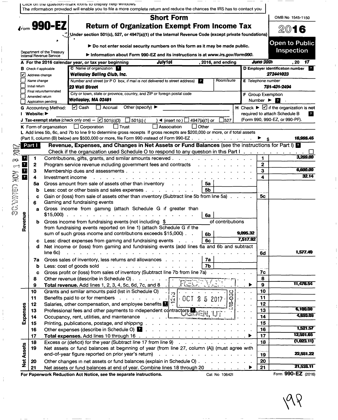 Image of first page of 2016 Form 990EZ for Wellesley Sailing Club