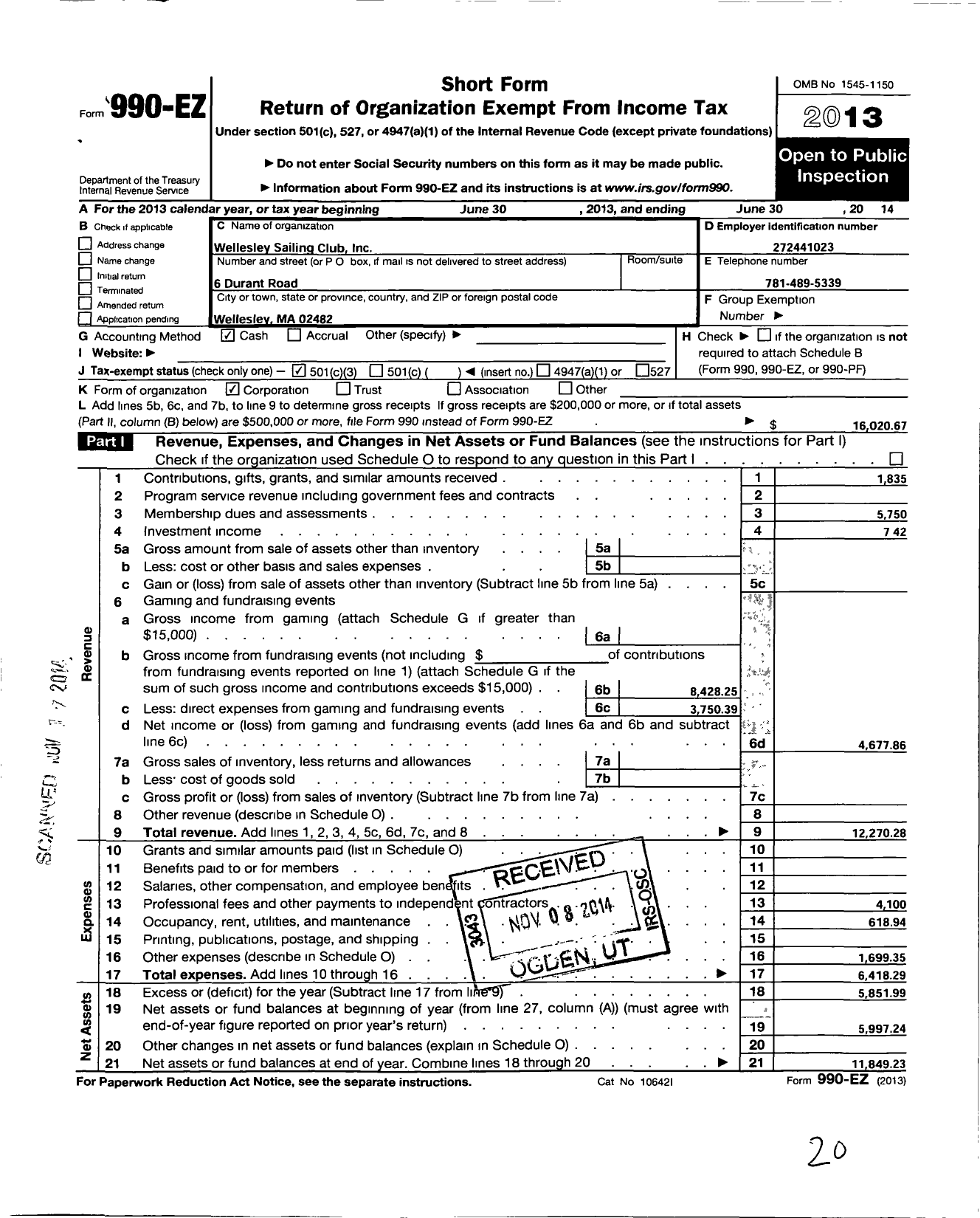 Image of first page of 2013 Form 990EZ for Wellesley Sailing Club