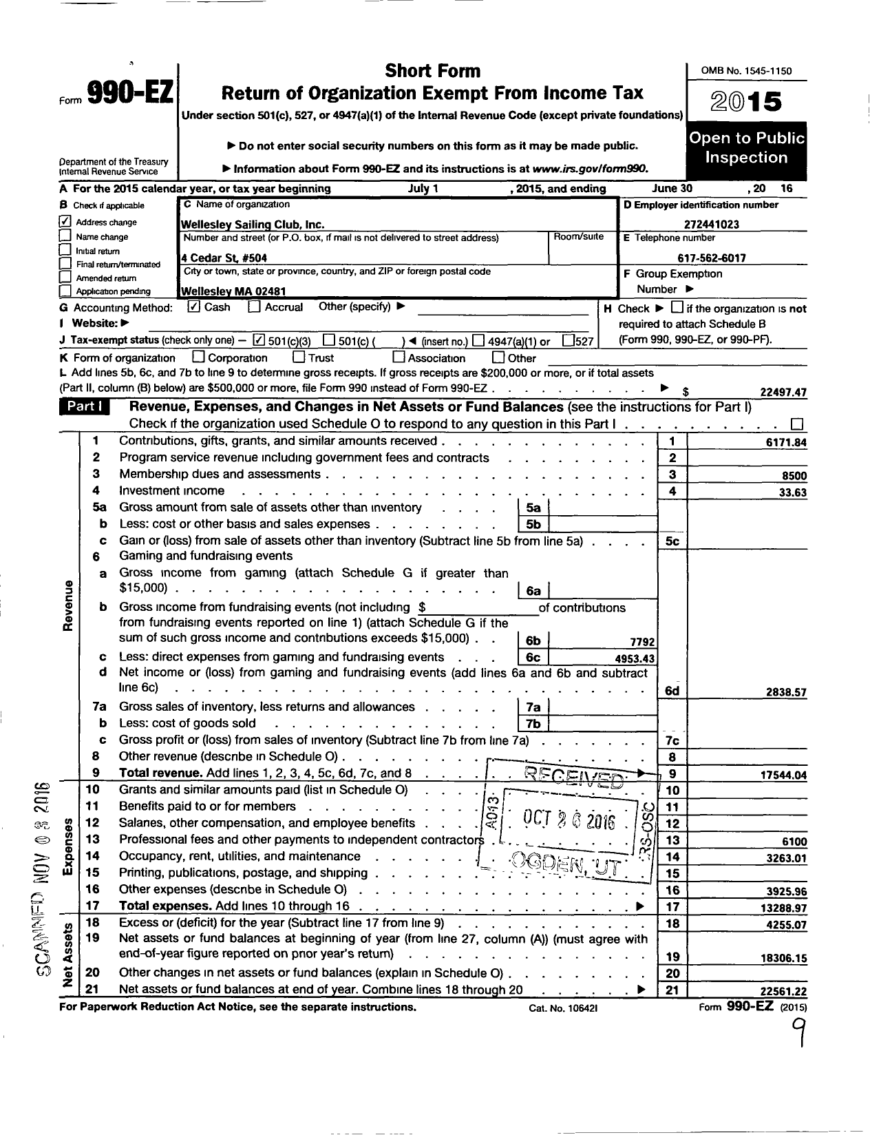 Image of first page of 2015 Form 990EZ for Wellesley Sailing Club