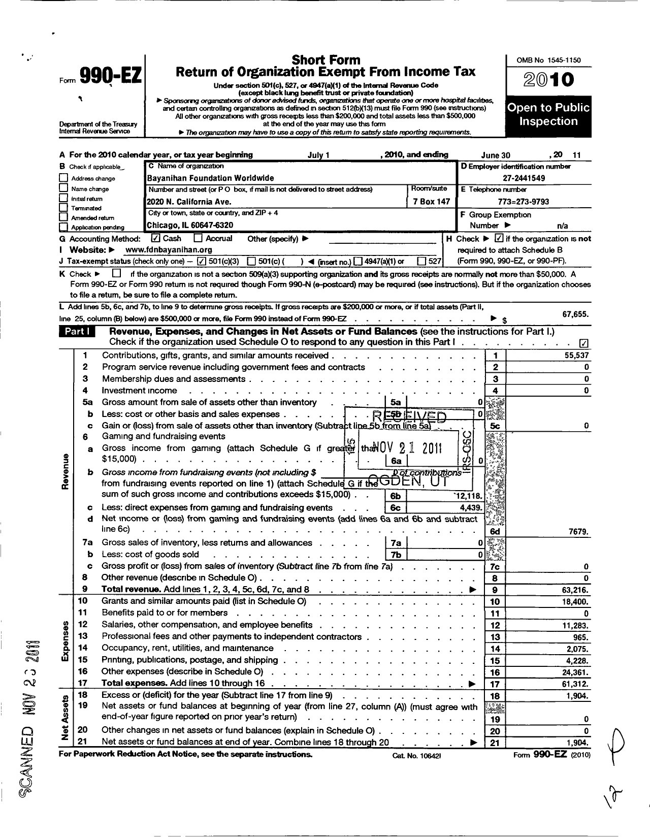 Image of first page of 2010 Form 990EZ for Bayanihan Foundation Worldwide