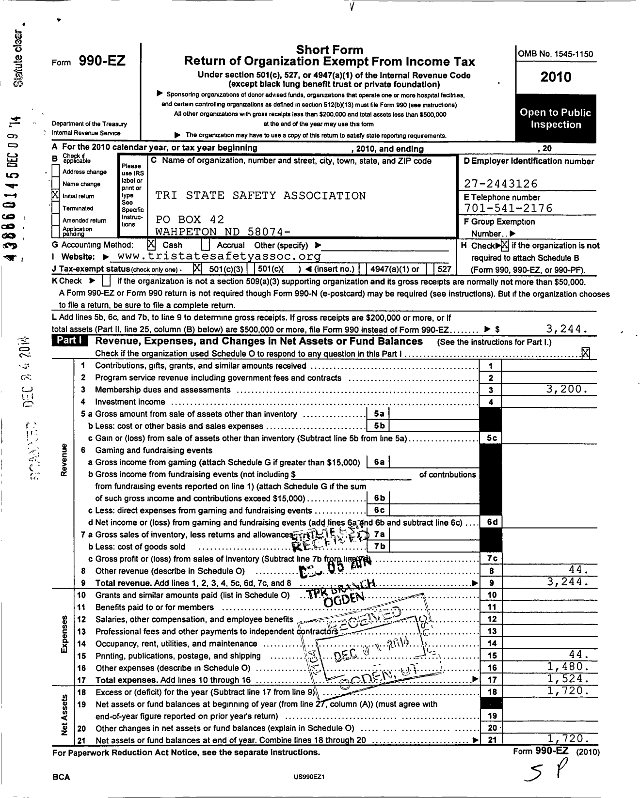 Image of first page of 2010 Form 990EZ for Tri State Safety Association