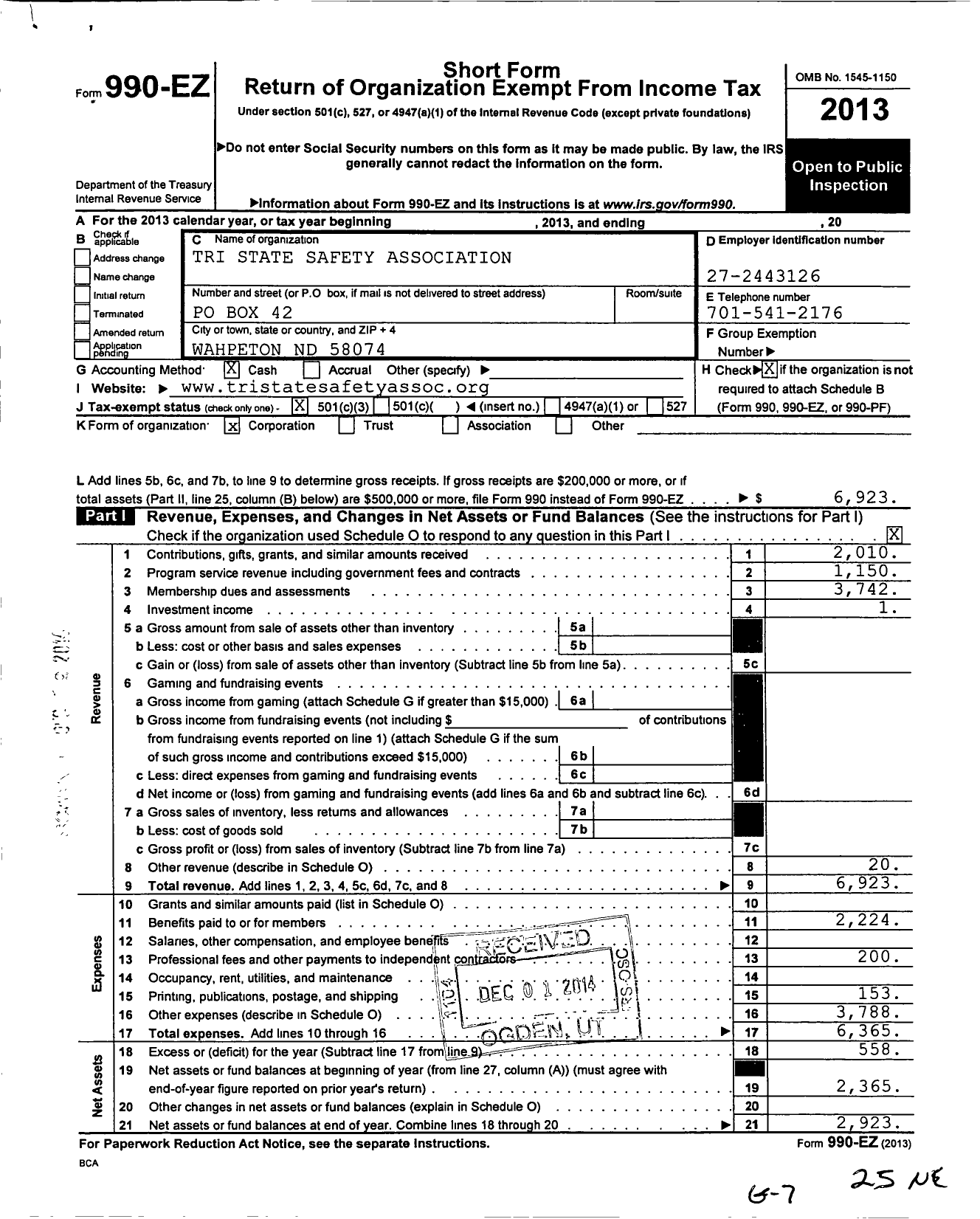 Image of first page of 2013 Form 990EZ for Tri State Safety Association