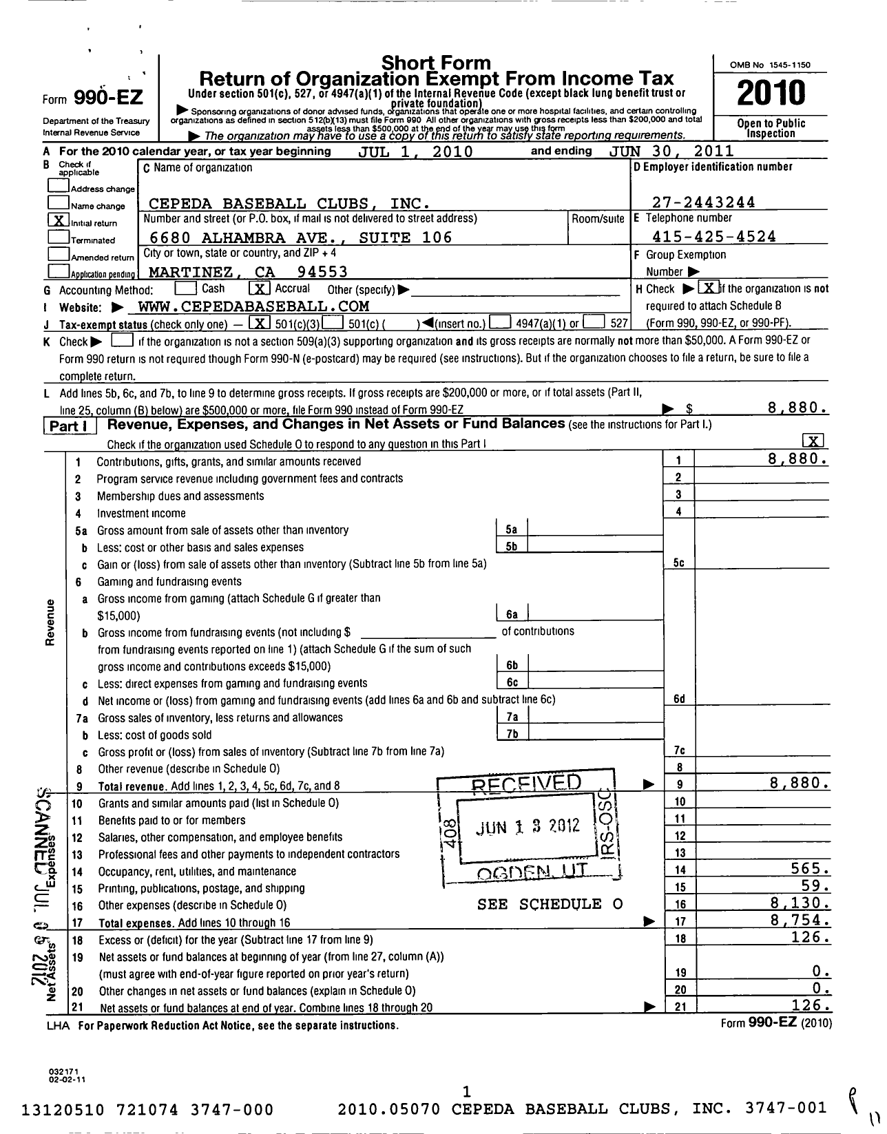 Image of first page of 2010 Form 990EZ for Cepeda Baseball Clubs