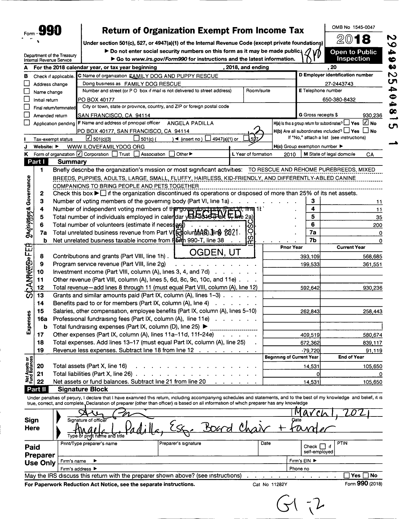 Image of first page of 2018 Form 990 for Family Dog Rescue / Family Dog & Puppy Rescue