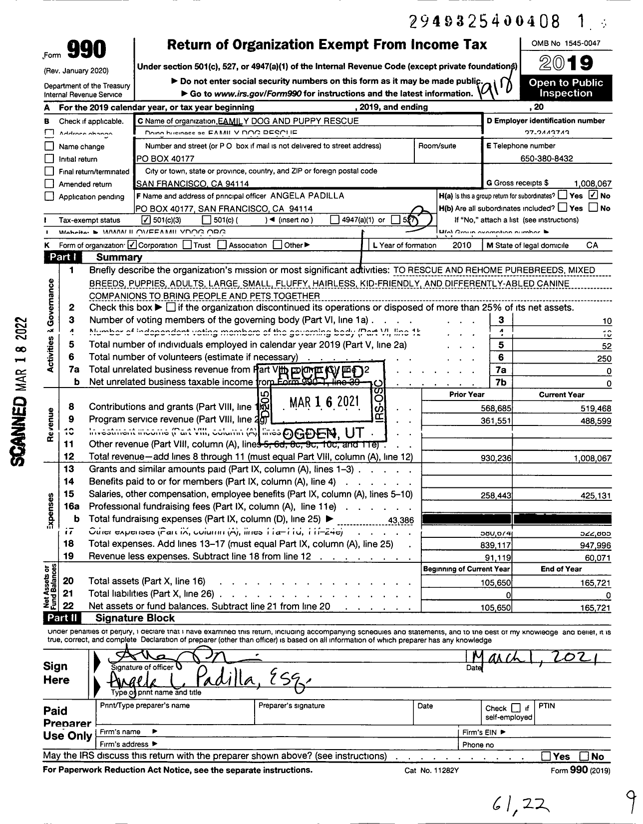 Image of first page of 2019 Form 990 for Family Dog Rescue / Family Dog & Puppy Rescue