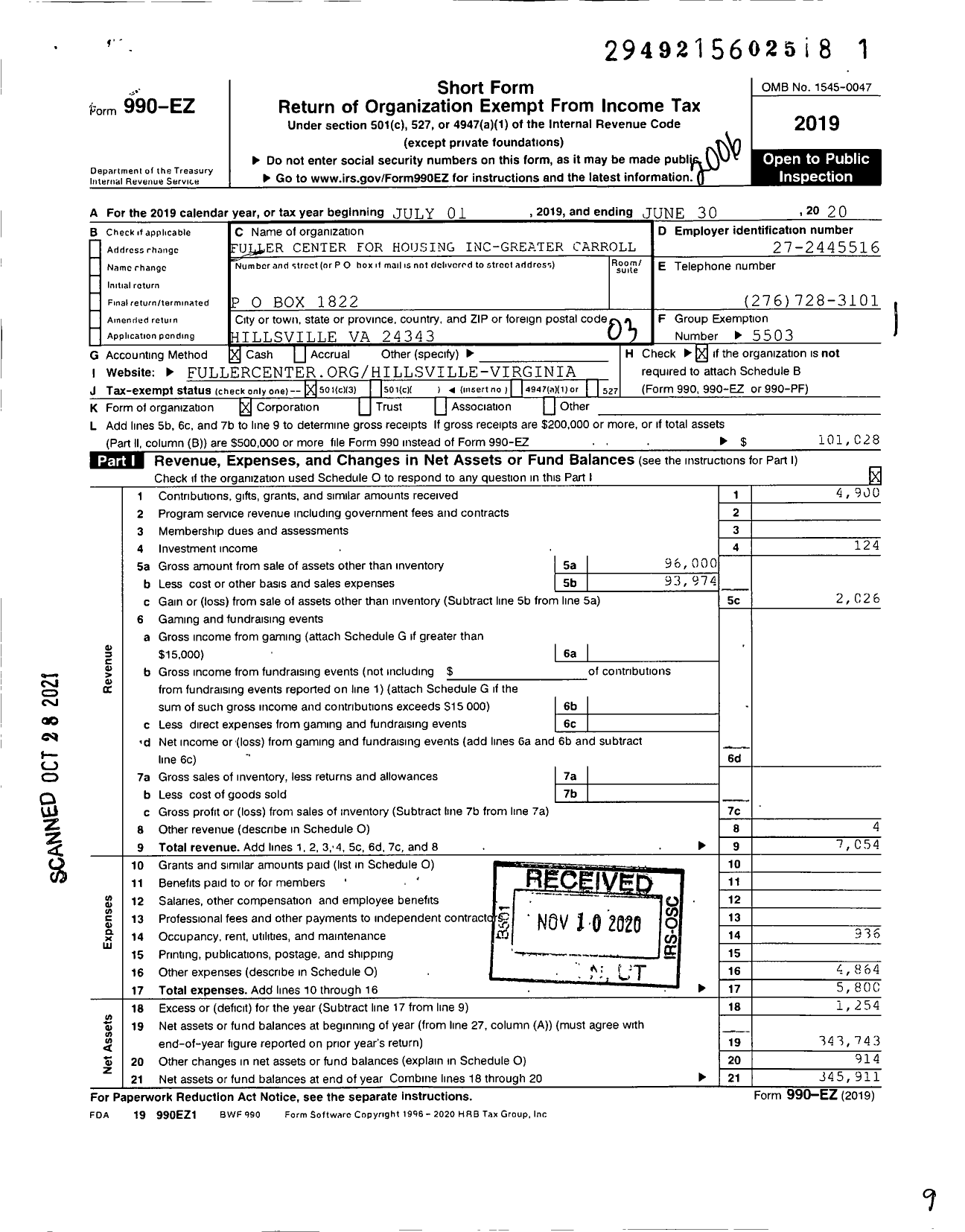 Image of first page of 2019 Form 990EZ for Fuller Center for Housing Inc- Greater Carroll County Area