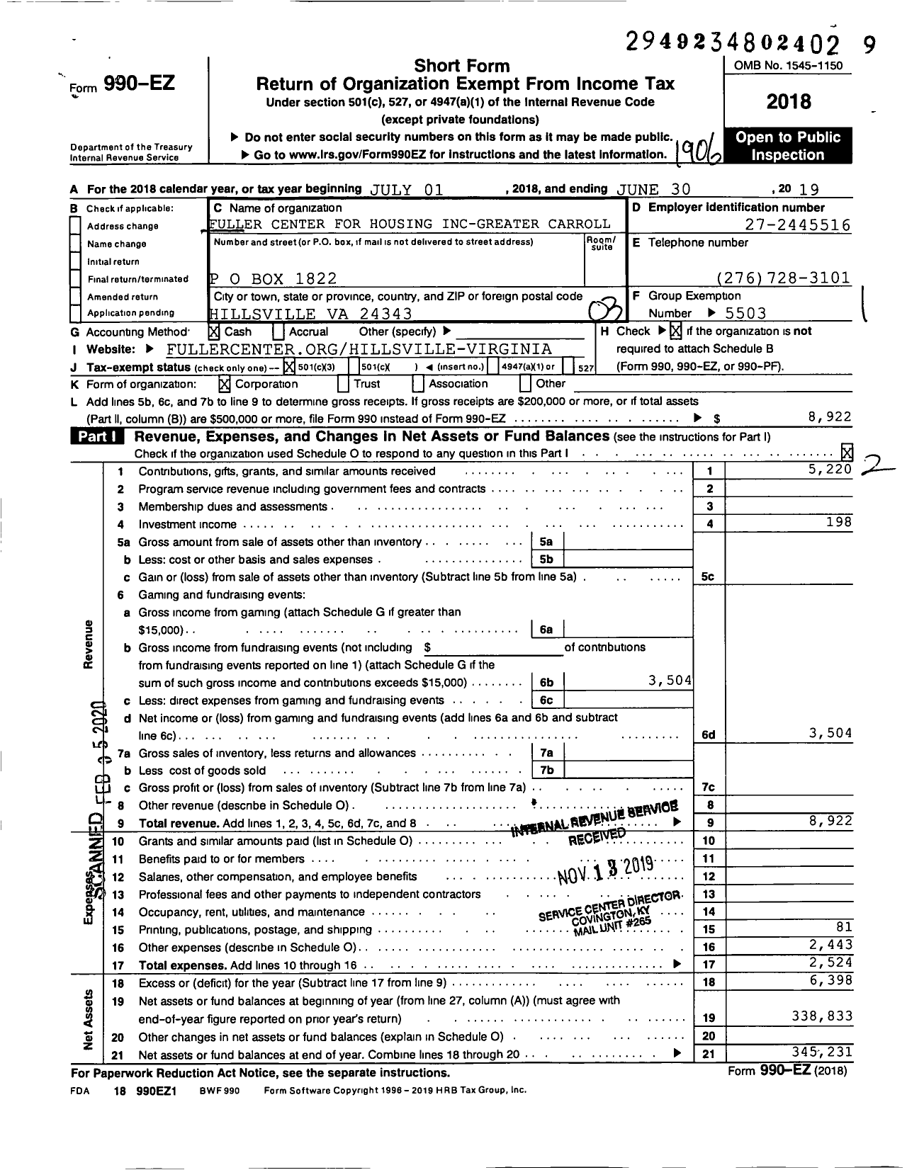 Image of first page of 2018 Form 990EZ for Fuller Center for Housing Inc- Greater Carroll County Area