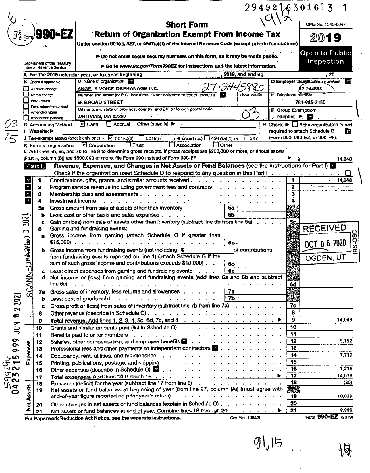 Image of first page of 2019 Form 990EZ for Angels Voice Orphanage