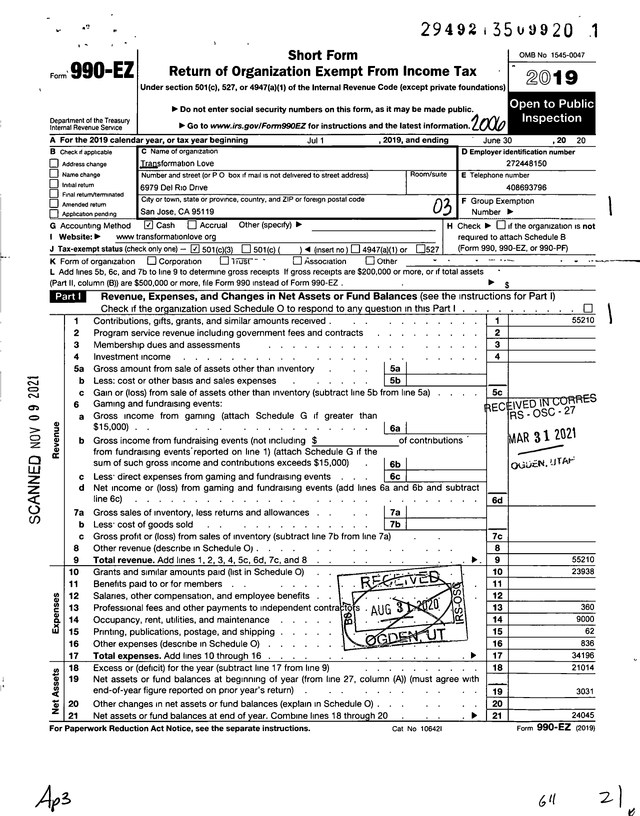 Image of first page of 2019 Form 990EZ for Transformation Love