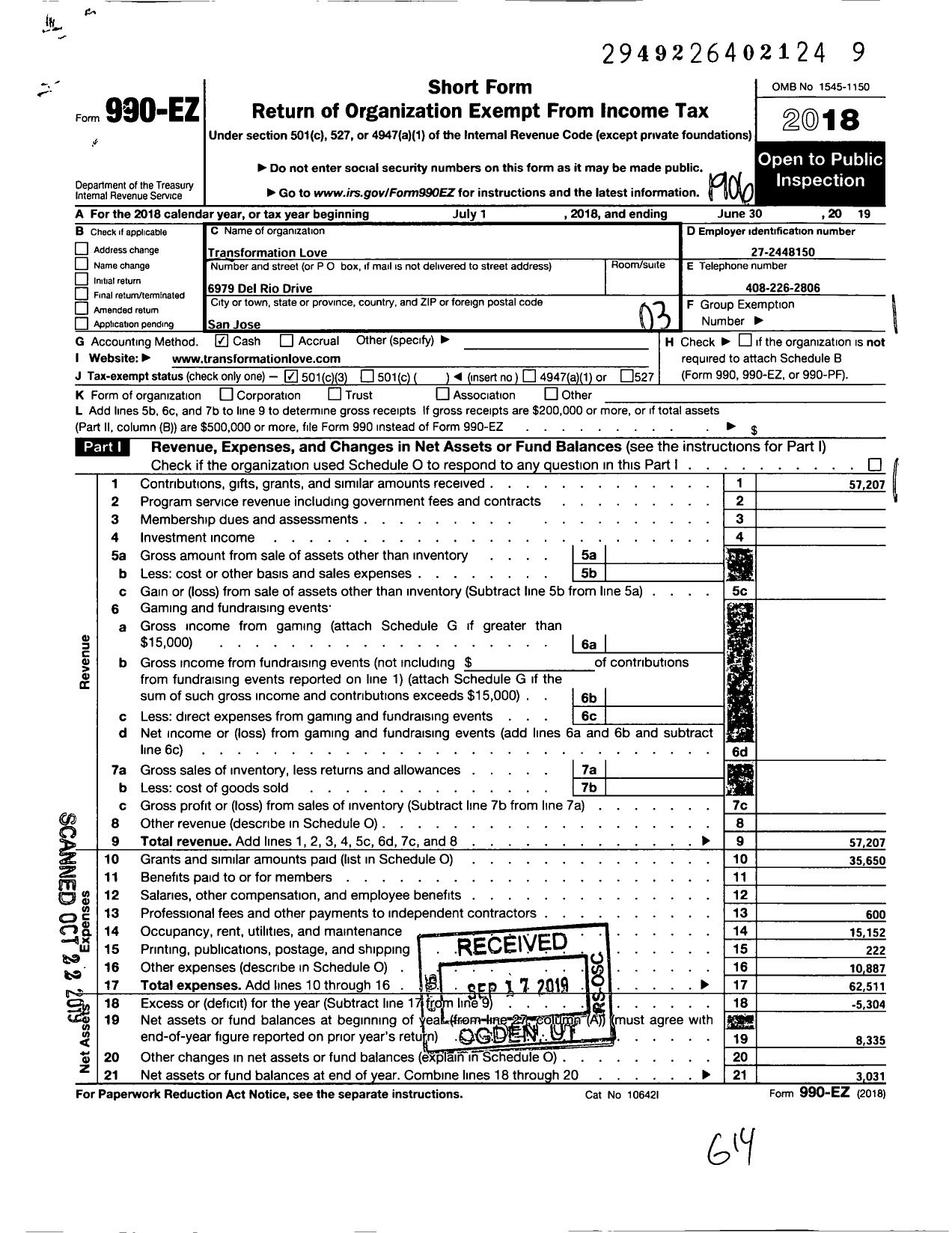 Image of first page of 2018 Form 990EZ for Transformation Love