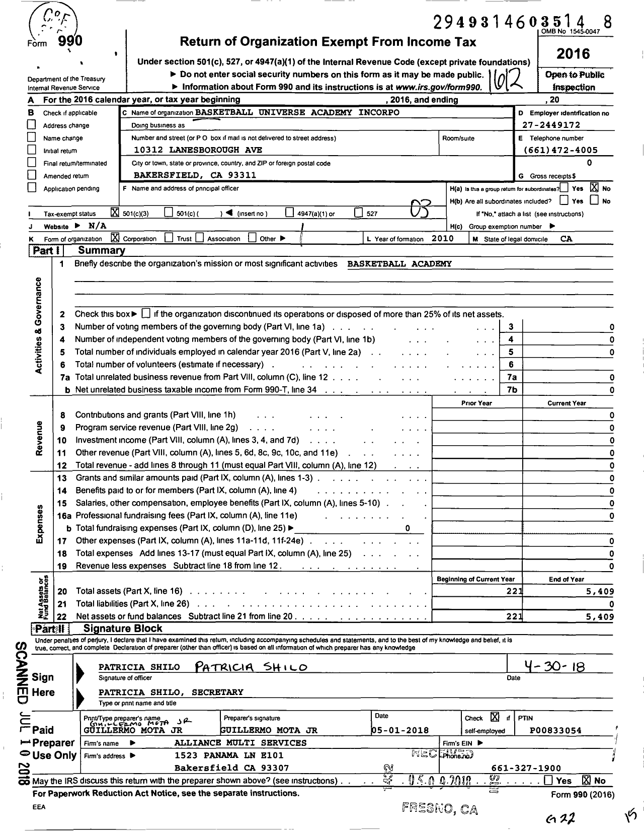 Image of first page of 2016 Form 990 for Basketball Universe Academy Incorporated