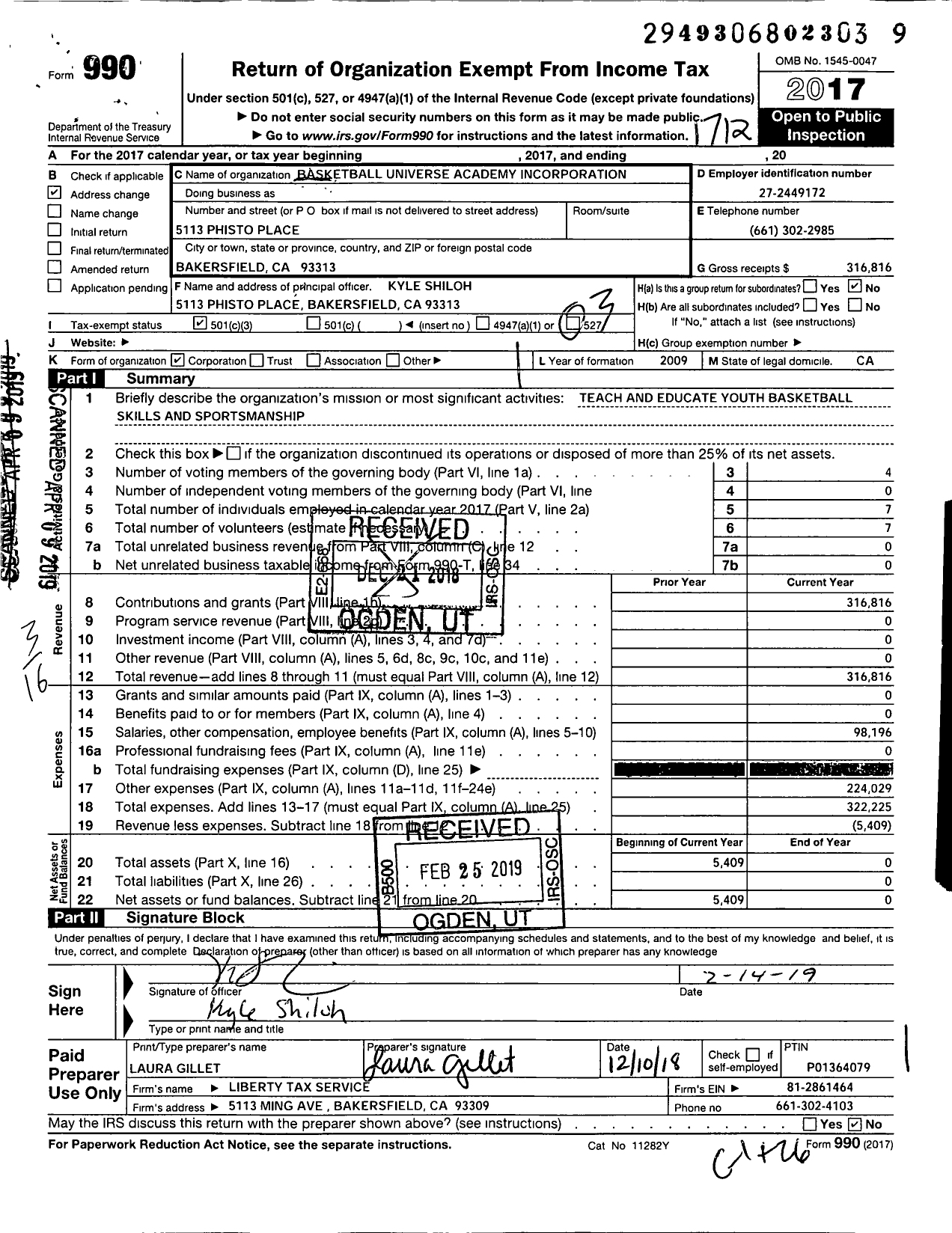 Image of first page of 2017 Form 990 for Basketball Universe Academy Incorporated