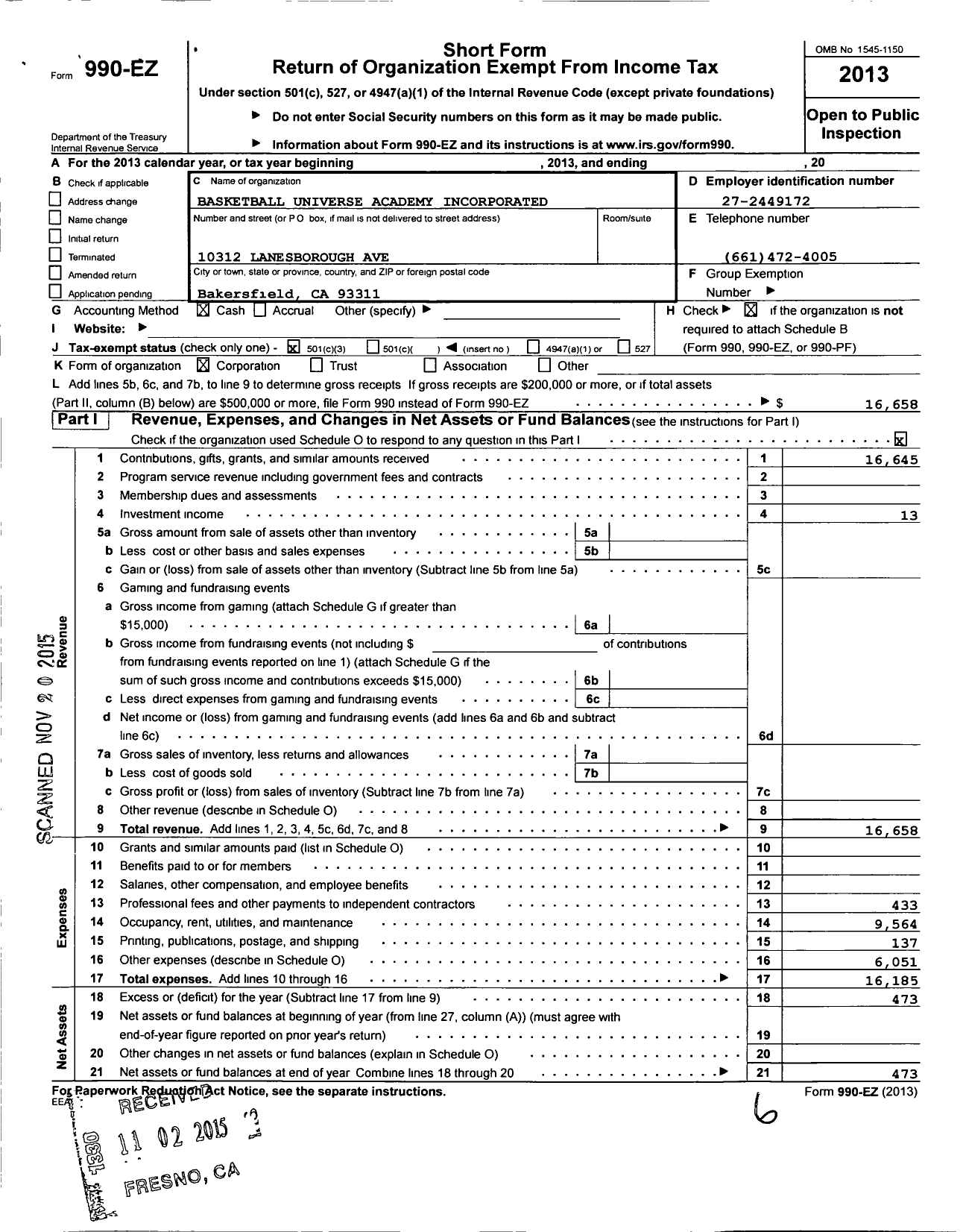 Image of first page of 2013 Form 990EZ for Basketball Universe Academy Incorporated