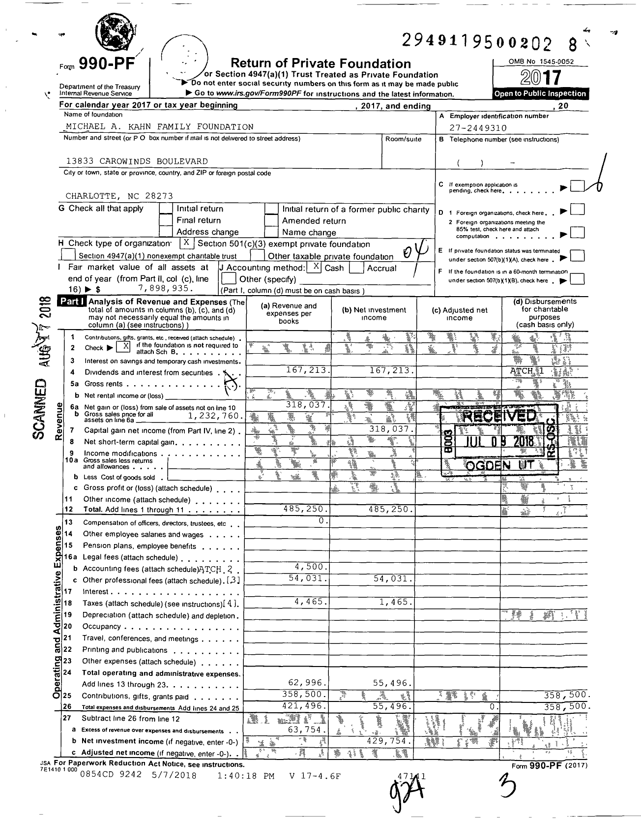Image of first page of 2017 Form 990PF for Michael A Kahn Family Foundation