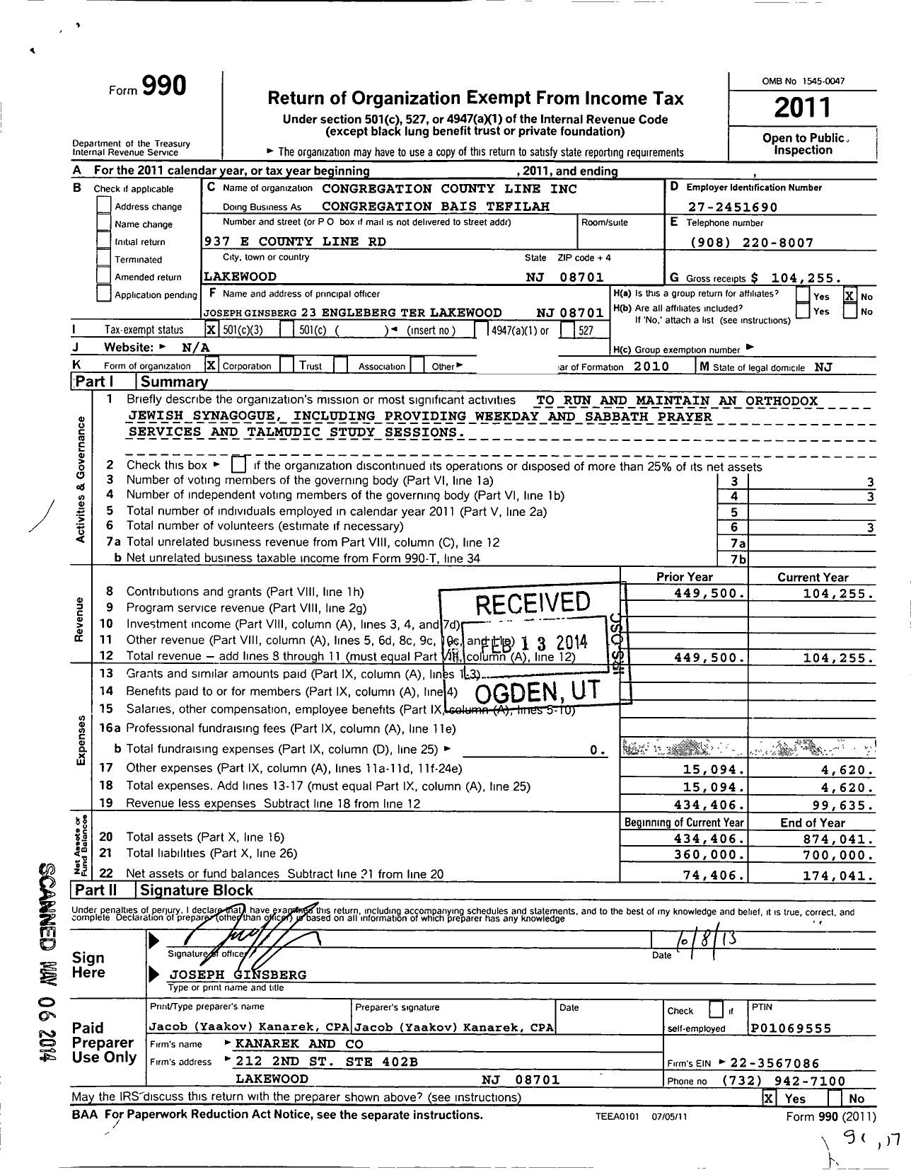 Image of first page of 2011 Form 990 for Congregation County Line