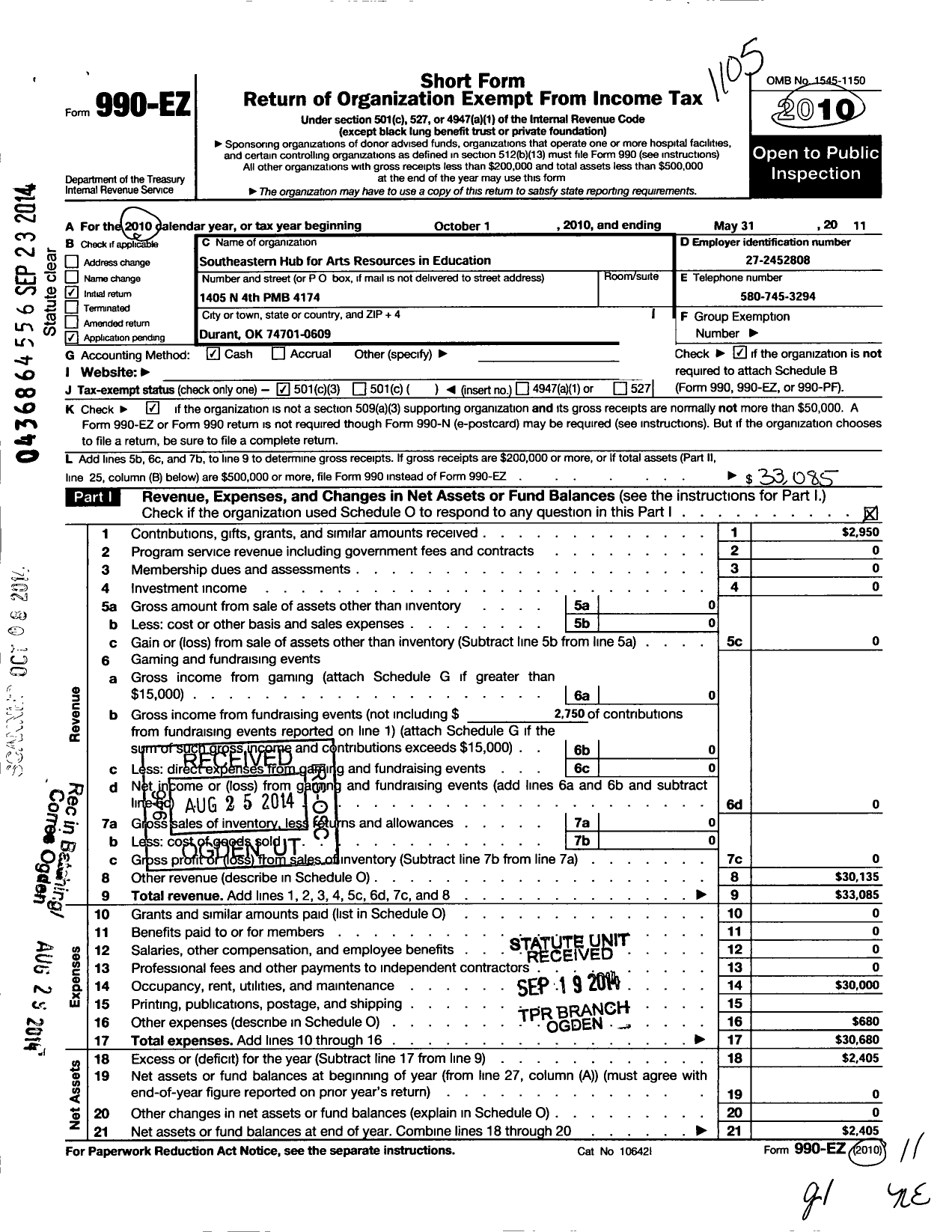 Image of first page of 2010 Form 990EZ for Southeastern Hub for Arts Resources in Education