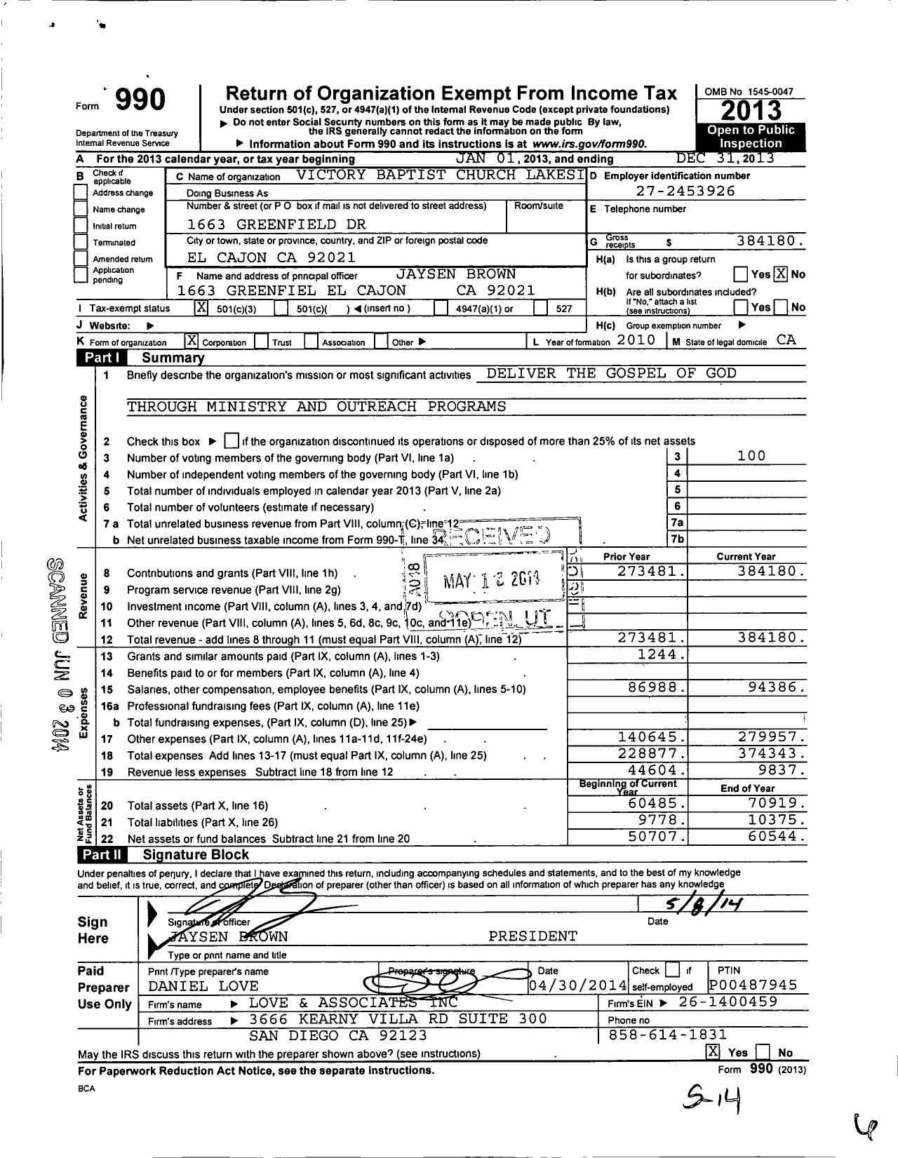 Image of first page of 2013 Form 990 for Victory Baptist Church Lakeside