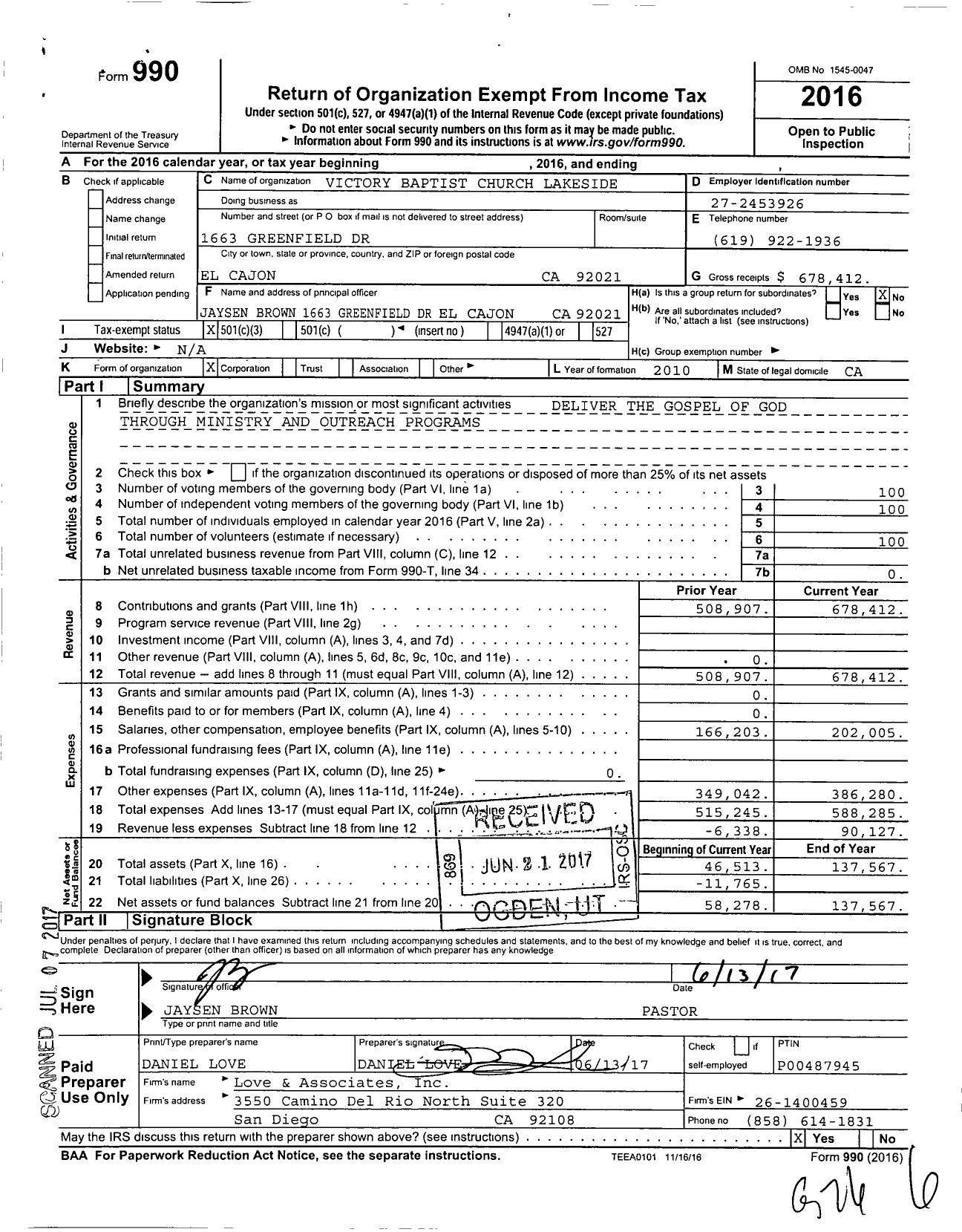 Image of first page of 2016 Form 990 for Victory Baptist Church Lakeside