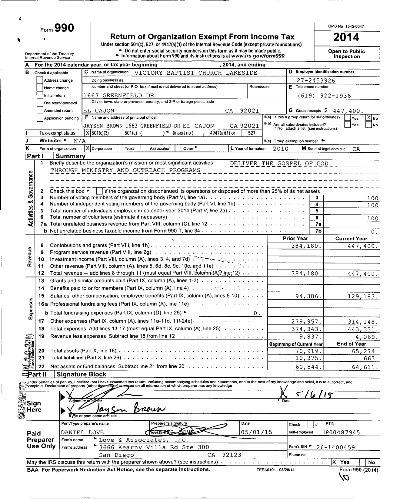 Image of first page of 2014 Form 990 for Victory Baptist Church Lakeside