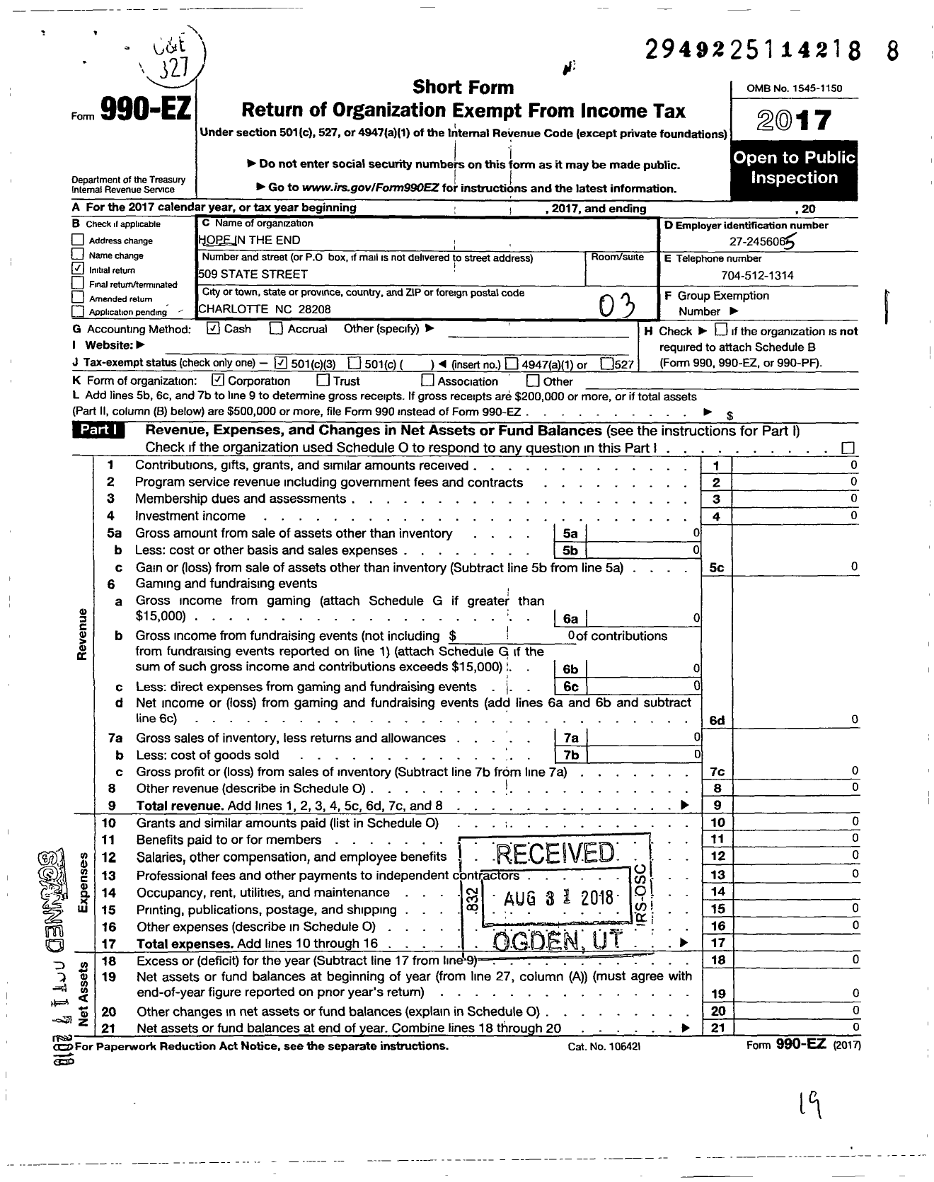 Image of first page of 2017 Form 990EZ for Hope in the End