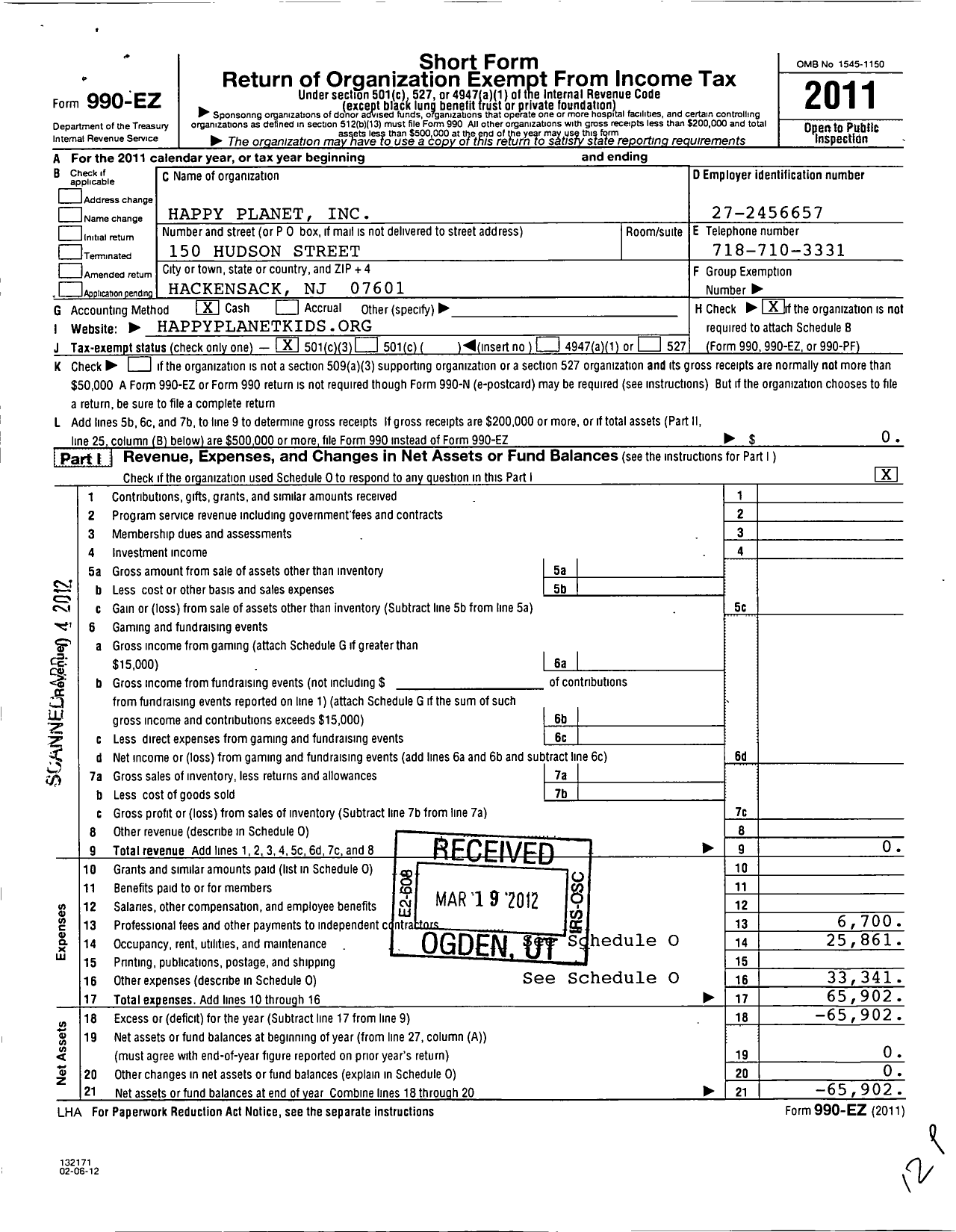Image of first page of 2011 Form 990EZ for Happy Planet