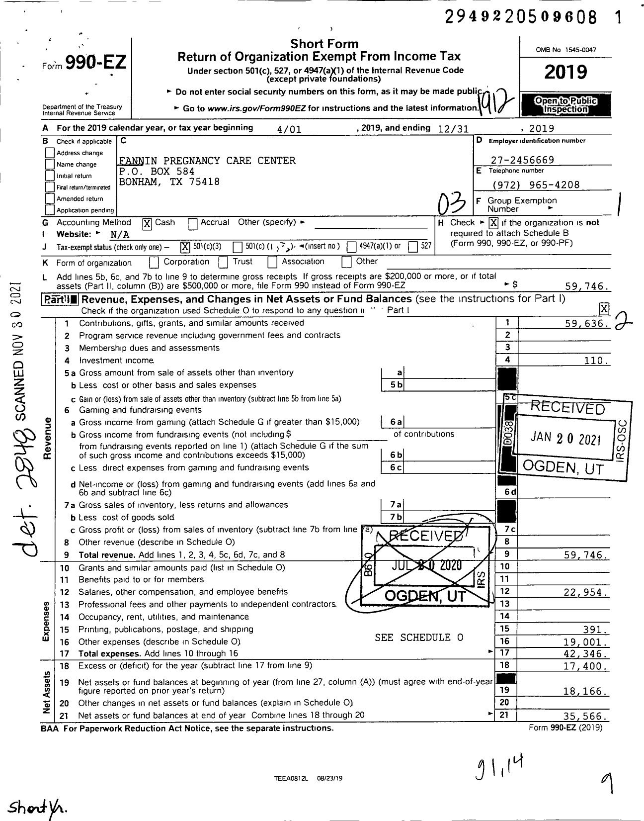 Image of first page of 2019 Form 990EZ for Fannin Pregnancy Care Center