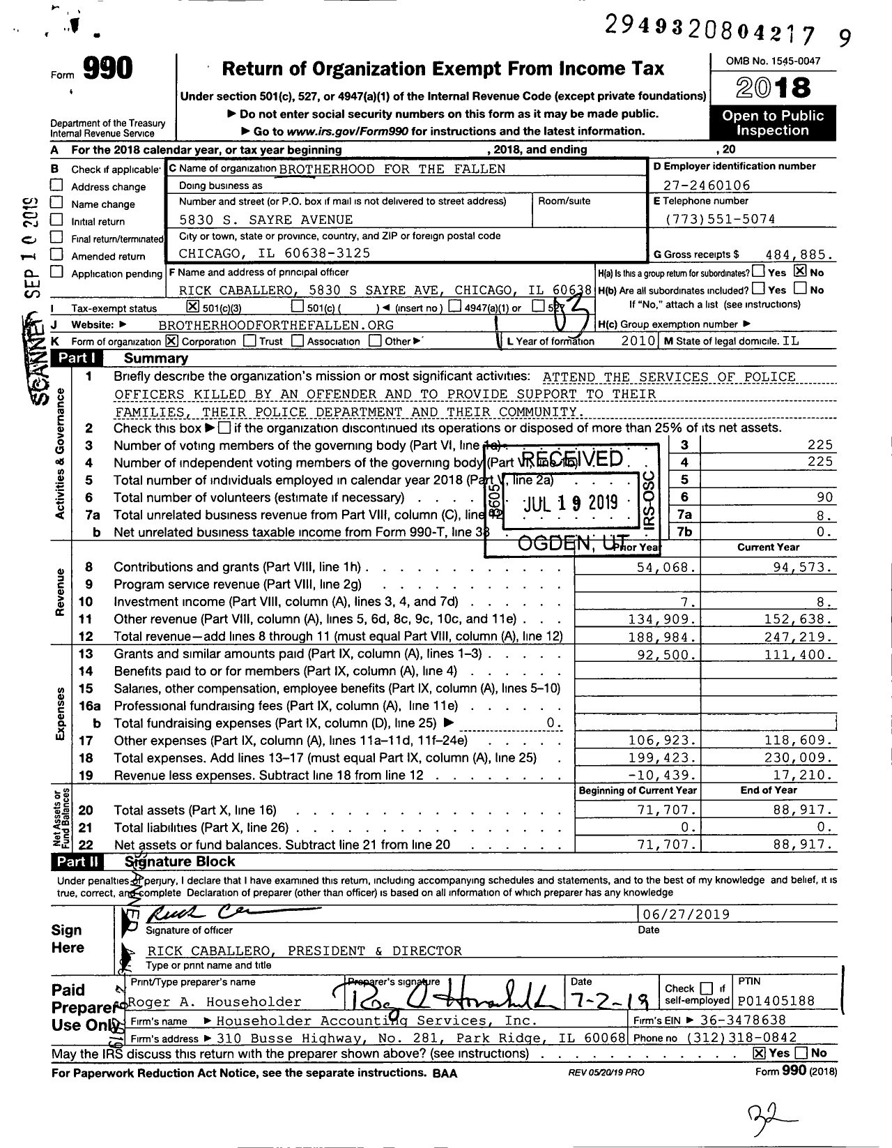 Image of first page of 2018 Form 990 for Brotherhood for the Fallen