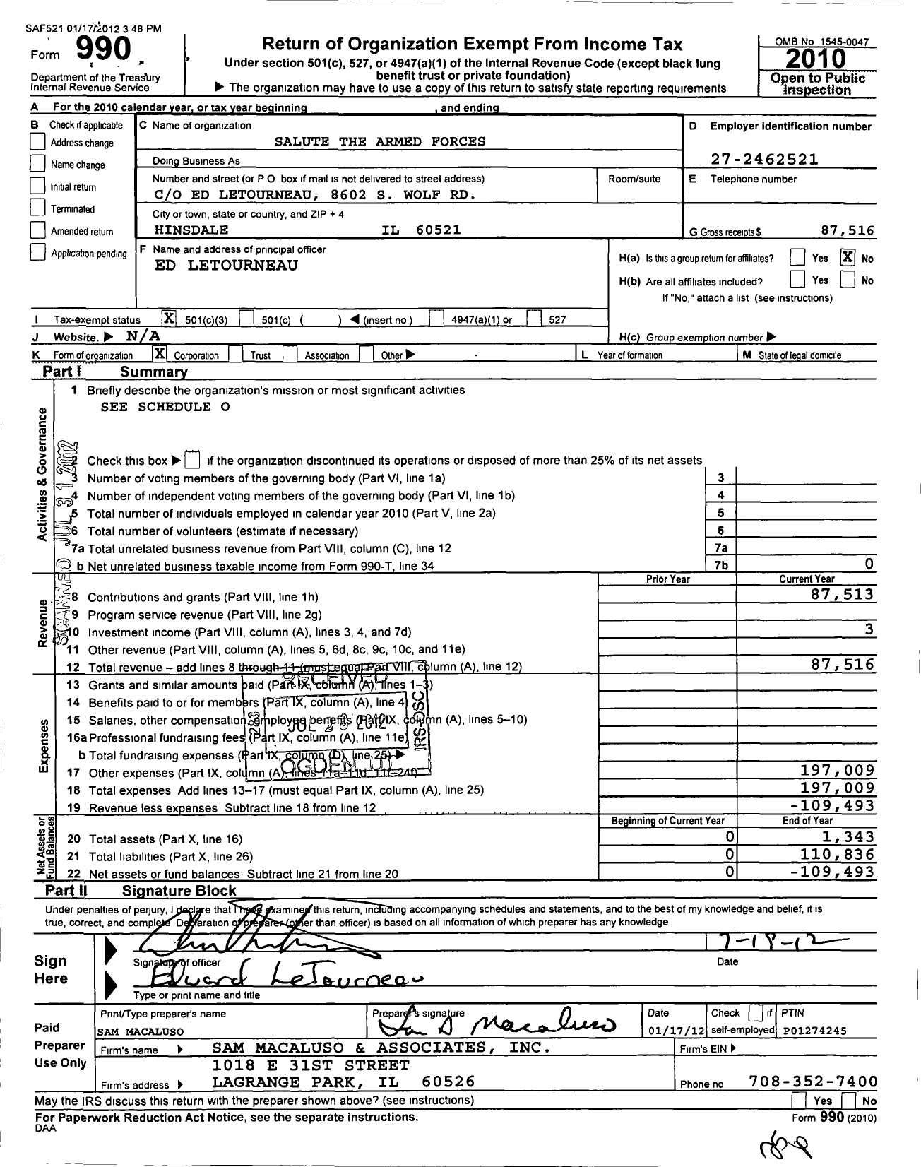 Image of first page of 2010 Form 990 for Salute Our Soldiers