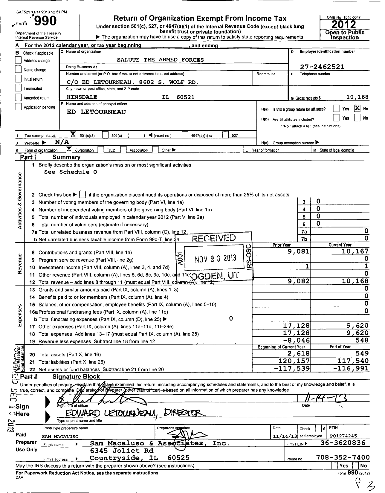 Image of first page of 2012 Form 990 for Salute Our Soldiers