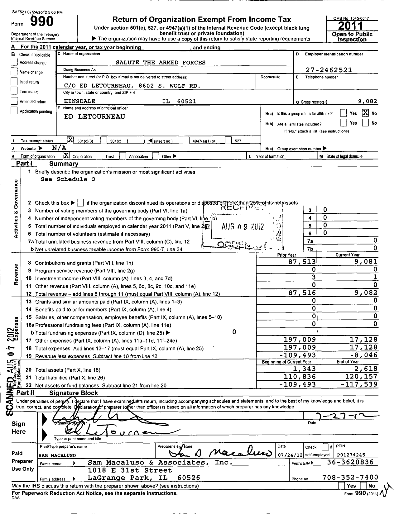 Image of first page of 2011 Form 990 for Salute Our Soldiers