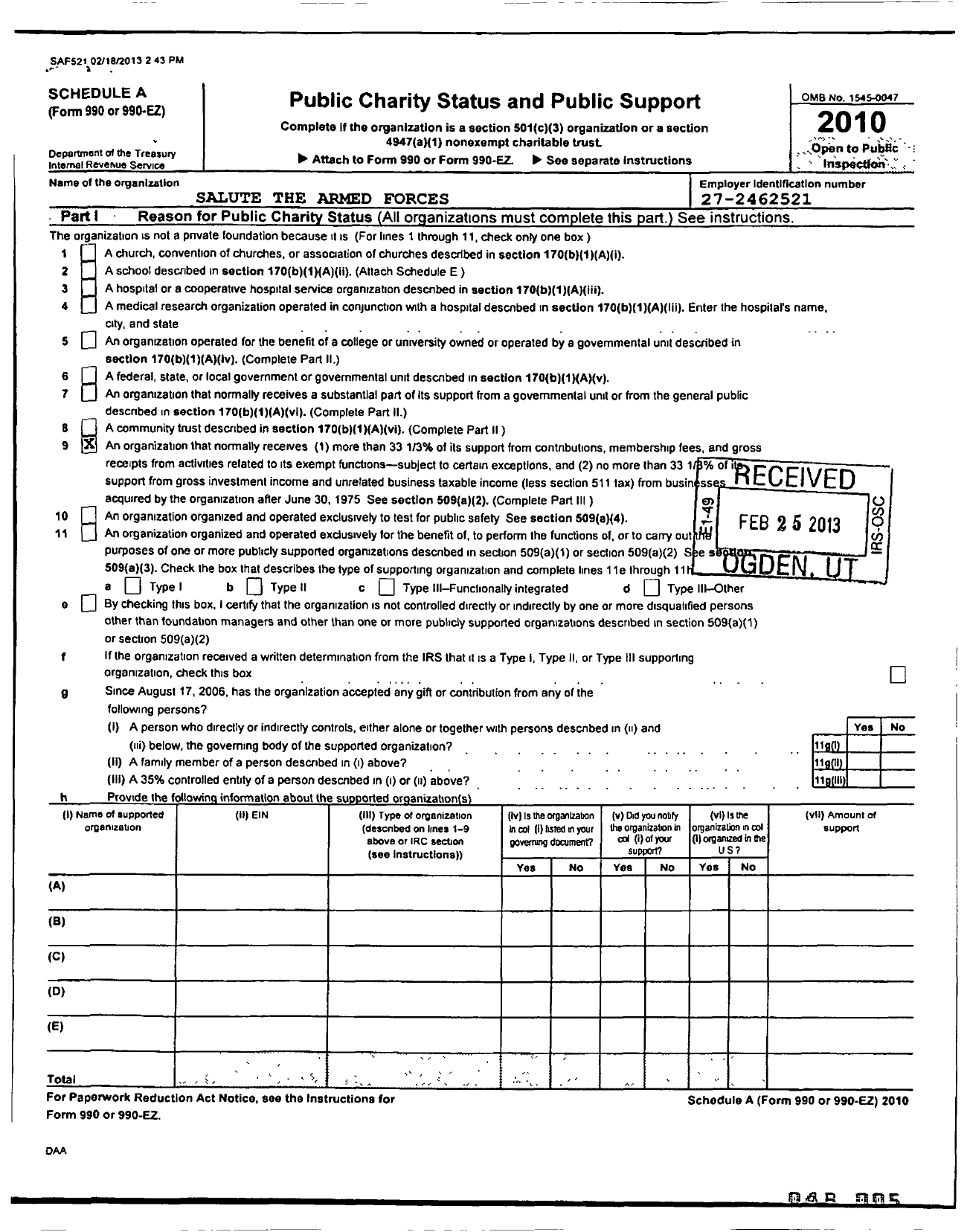 Image of first page of 2010 Form 990R for Salute Our Soldiers