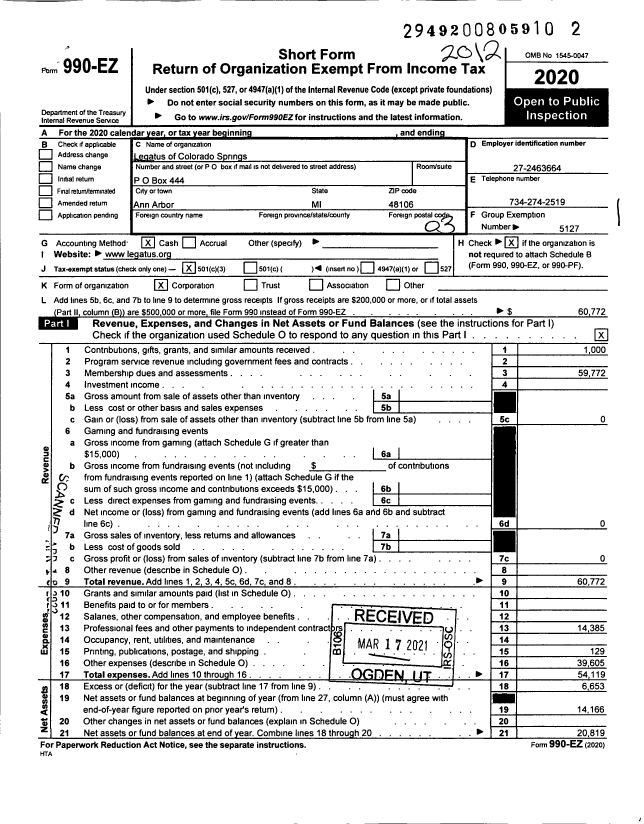 Image of first page of 2020 Form 990EZ for Legatus of Colorado Springs