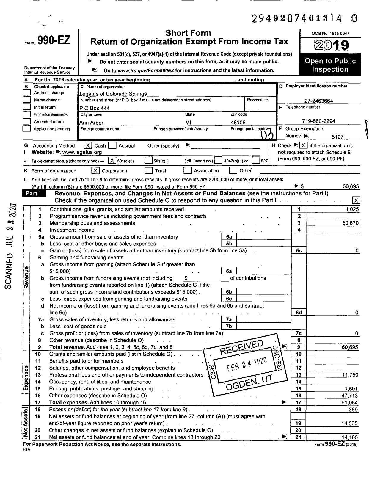 Image of first page of 2019 Form 990EZ for Legatus of Colorado Springs