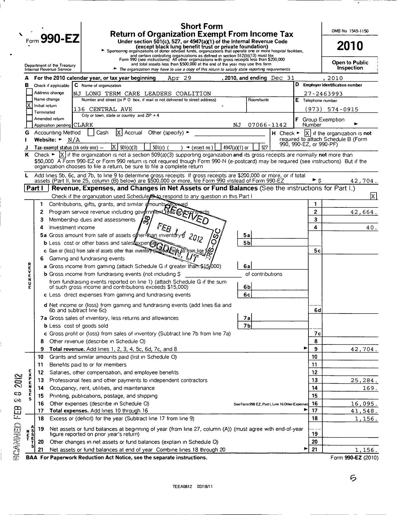 Image of first page of 2010 Form 990EZ for New Jersey Long-Term Care Leaders Coalition