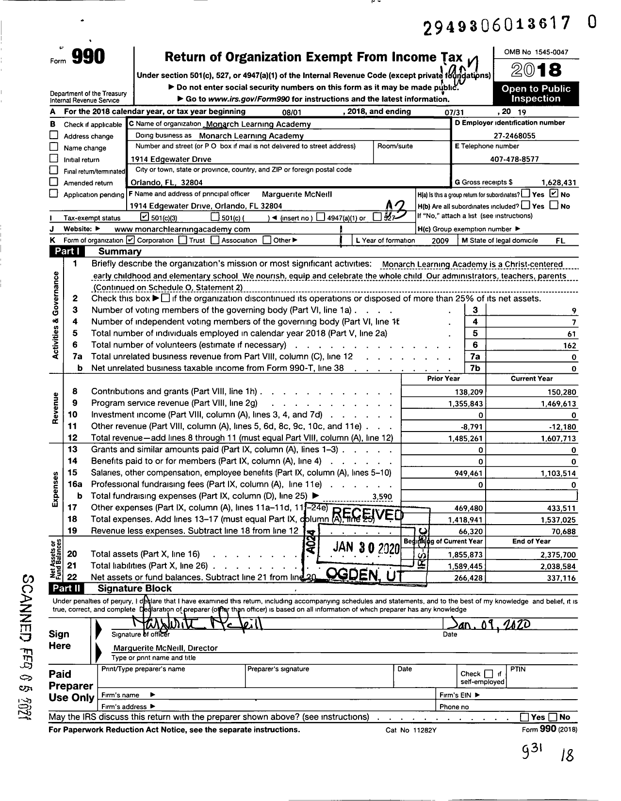 Image of first page of 2018 Form 990 for Monarch Learning Academy