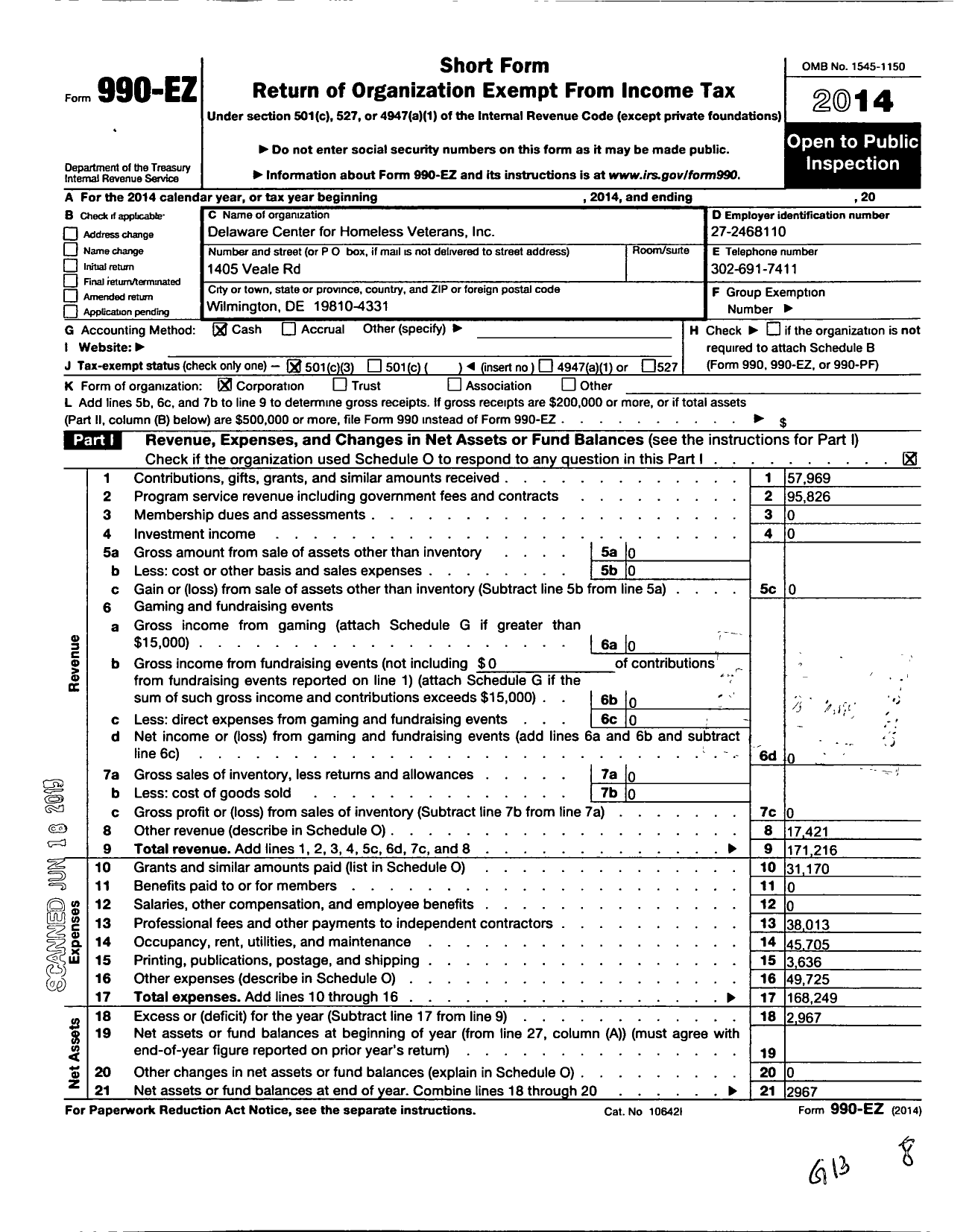 Image of first page of 2014 Form 990EZ for Delaware Center for Homeless Veterans (DCHV)