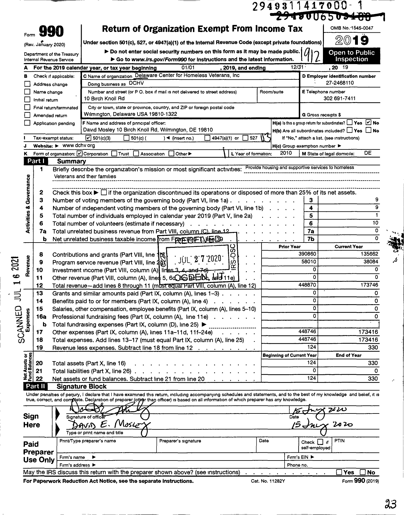 Image of first page of 2019 Form 990 for Delaware Center for Homeless Veterans (DCHV)