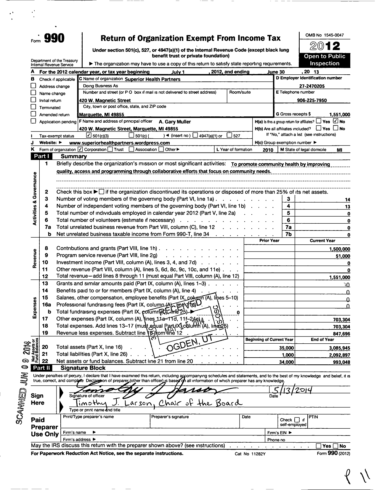 Image of first page of 2012 Form 990 for Superior Health Partners