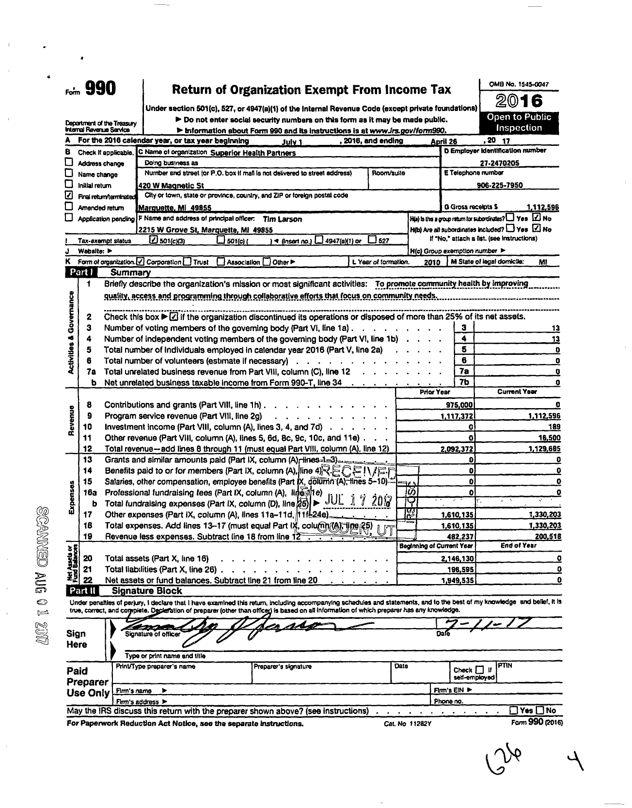 Image of first page of 2016 Form 990 for Superior Health Partners