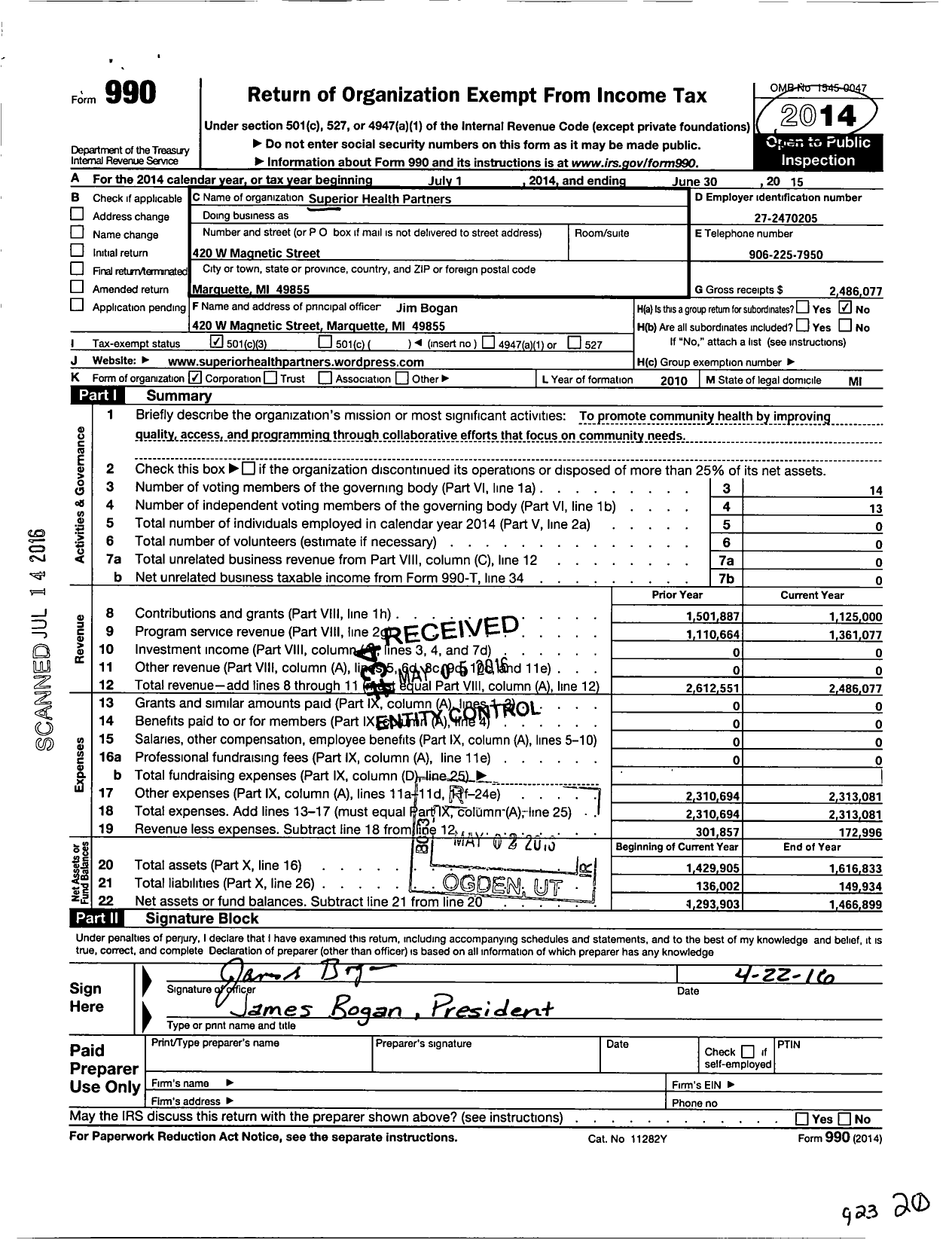 Image of first page of 2014 Form 990 for Superior Health Partners