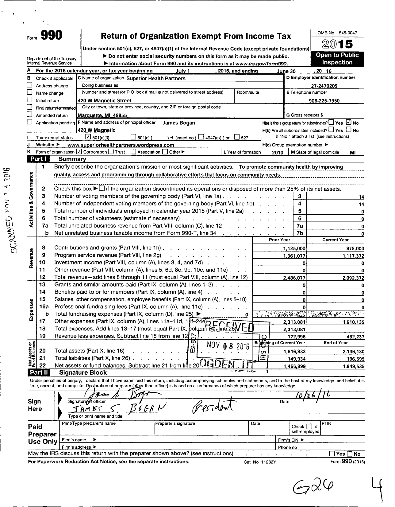 Image of first page of 2015 Form 990 for Superior Health Partners