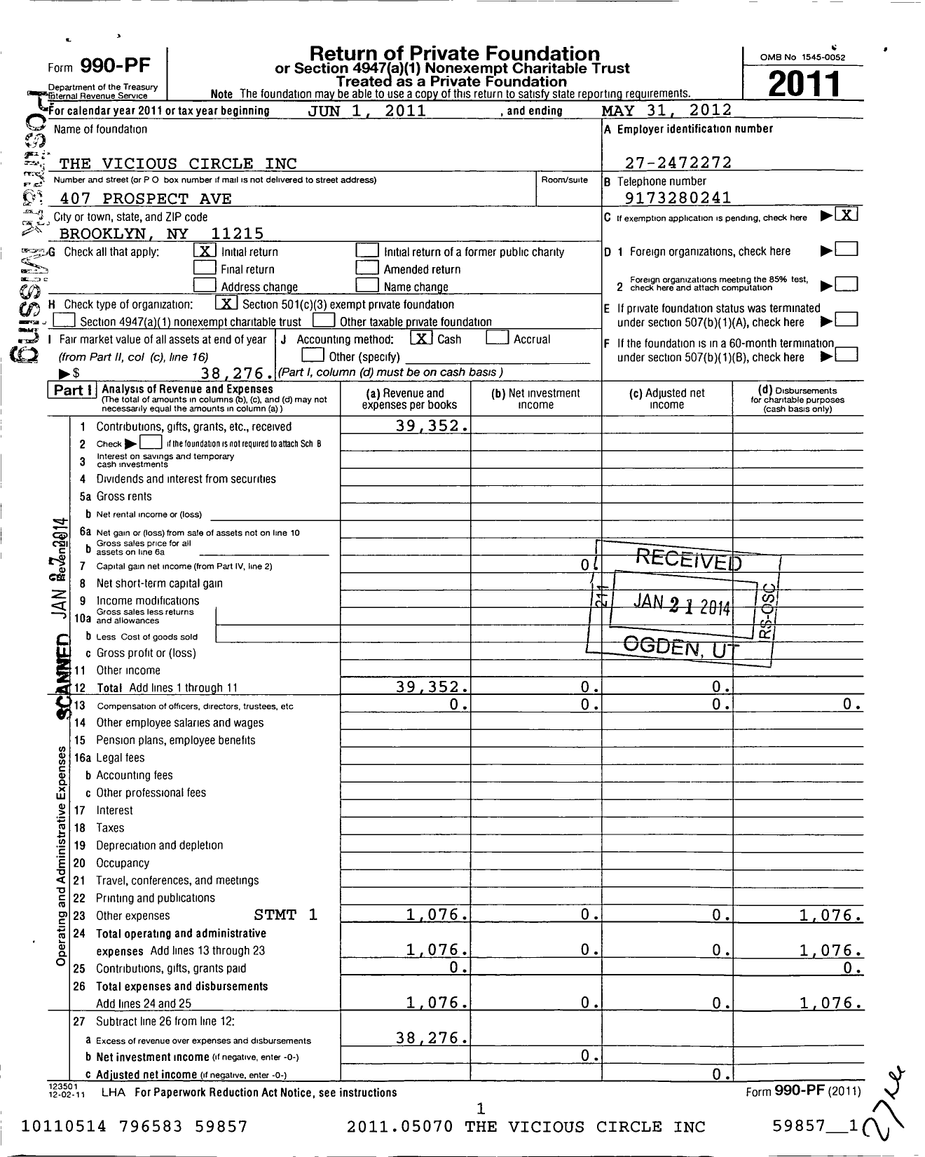 Image of first page of 2011 Form 990PF for Vicious Circle