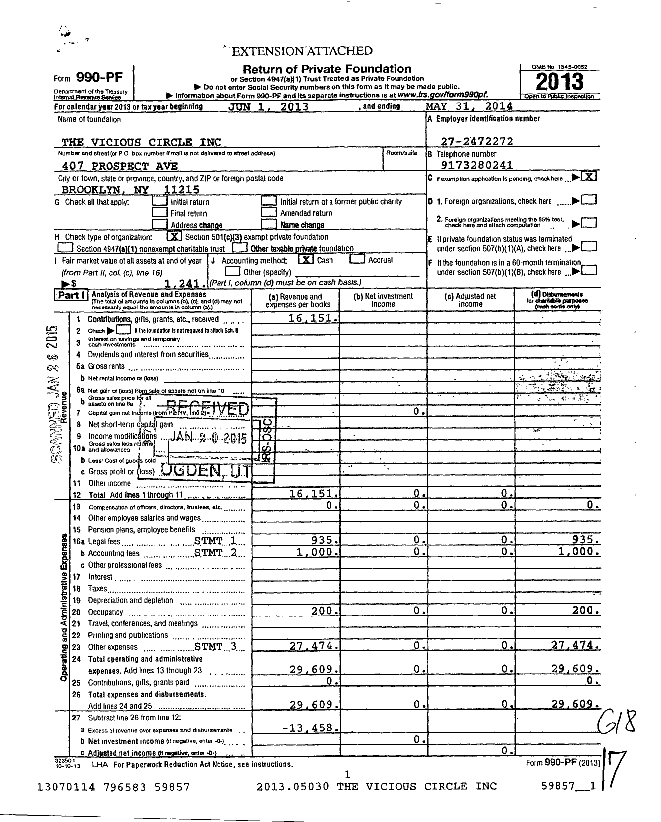 Image of first page of 2013 Form 990PF for Vicious Circle