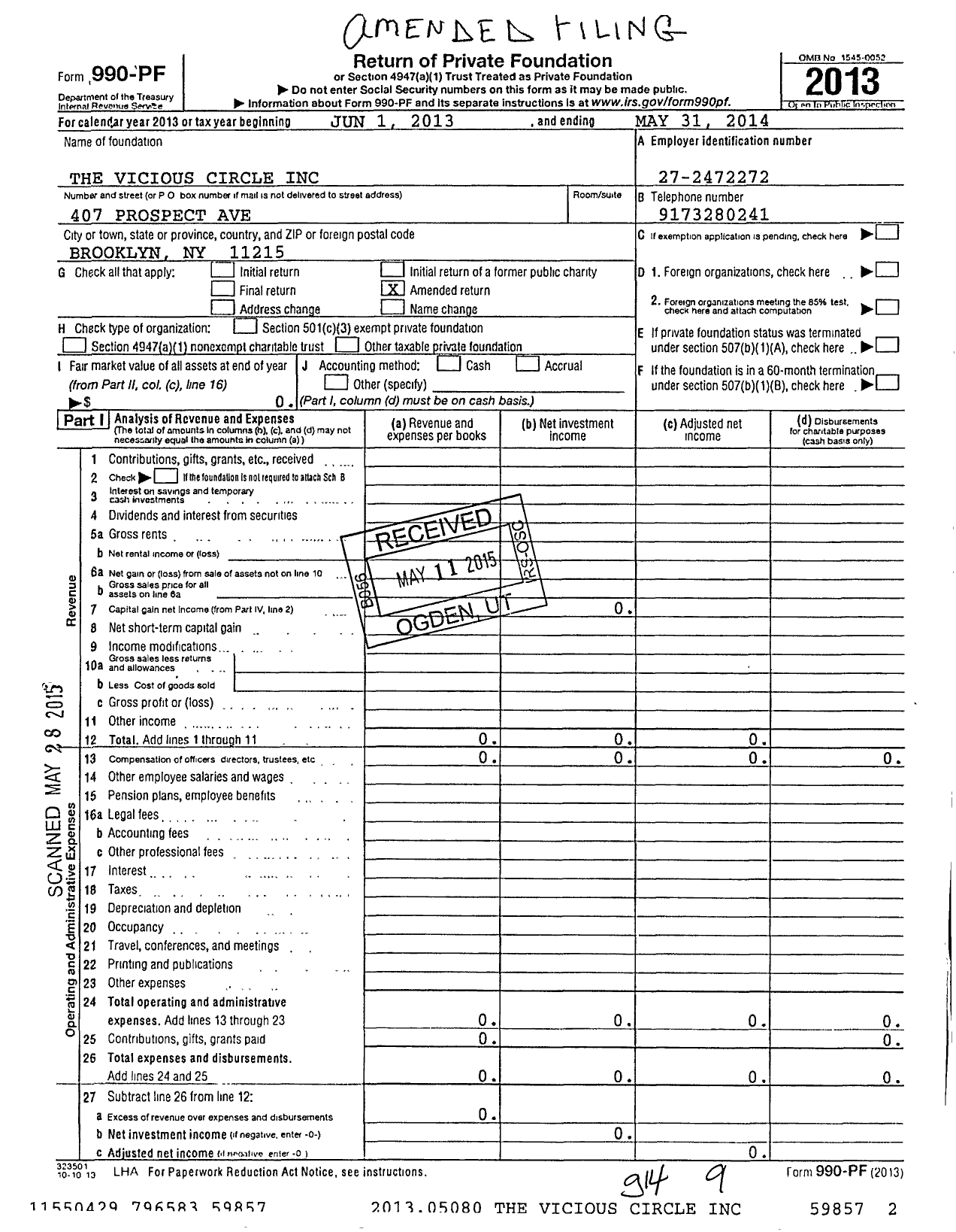 Image of first page of 2013 Form 990PF for Vicious Circle